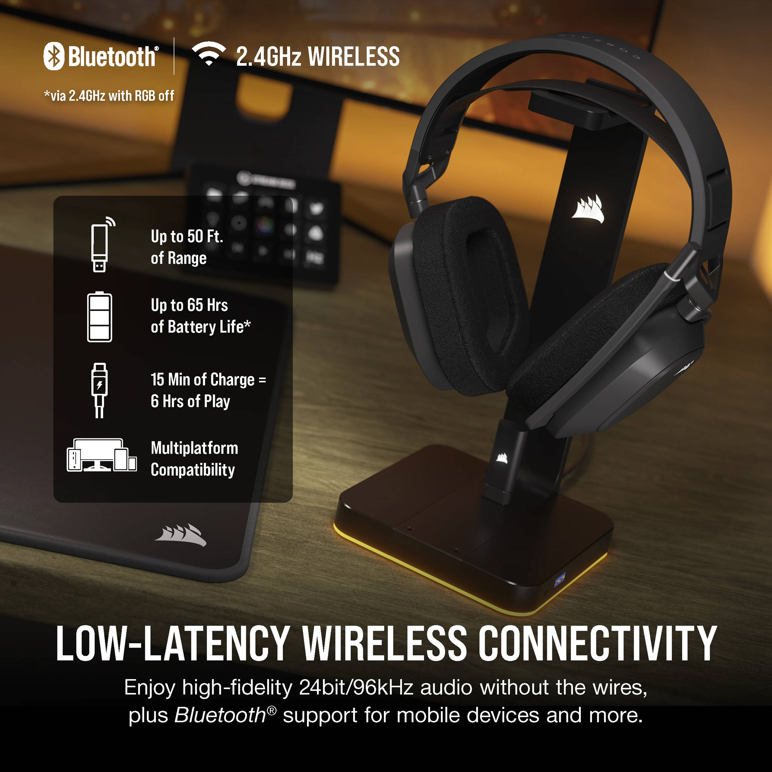 Corsair HS80 MAX Wireless Headset in Steel Gray, over-ear wireless gaming headset with broadcast-grade microphone — view 6