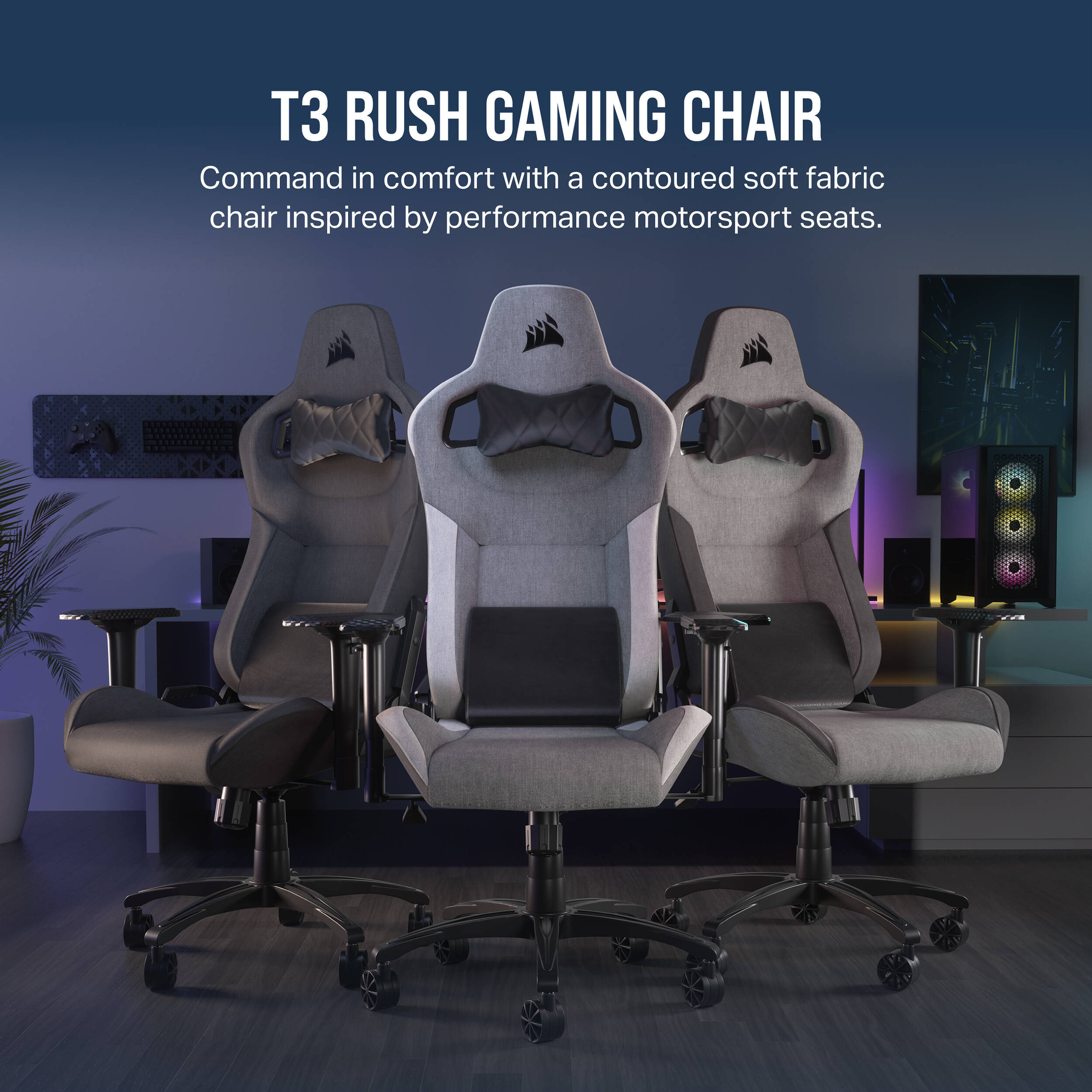 Corsair T3 RUSH 2023 gaming chair in gray with breathable cloth, lumbar support, and 4D armrests — view 2
