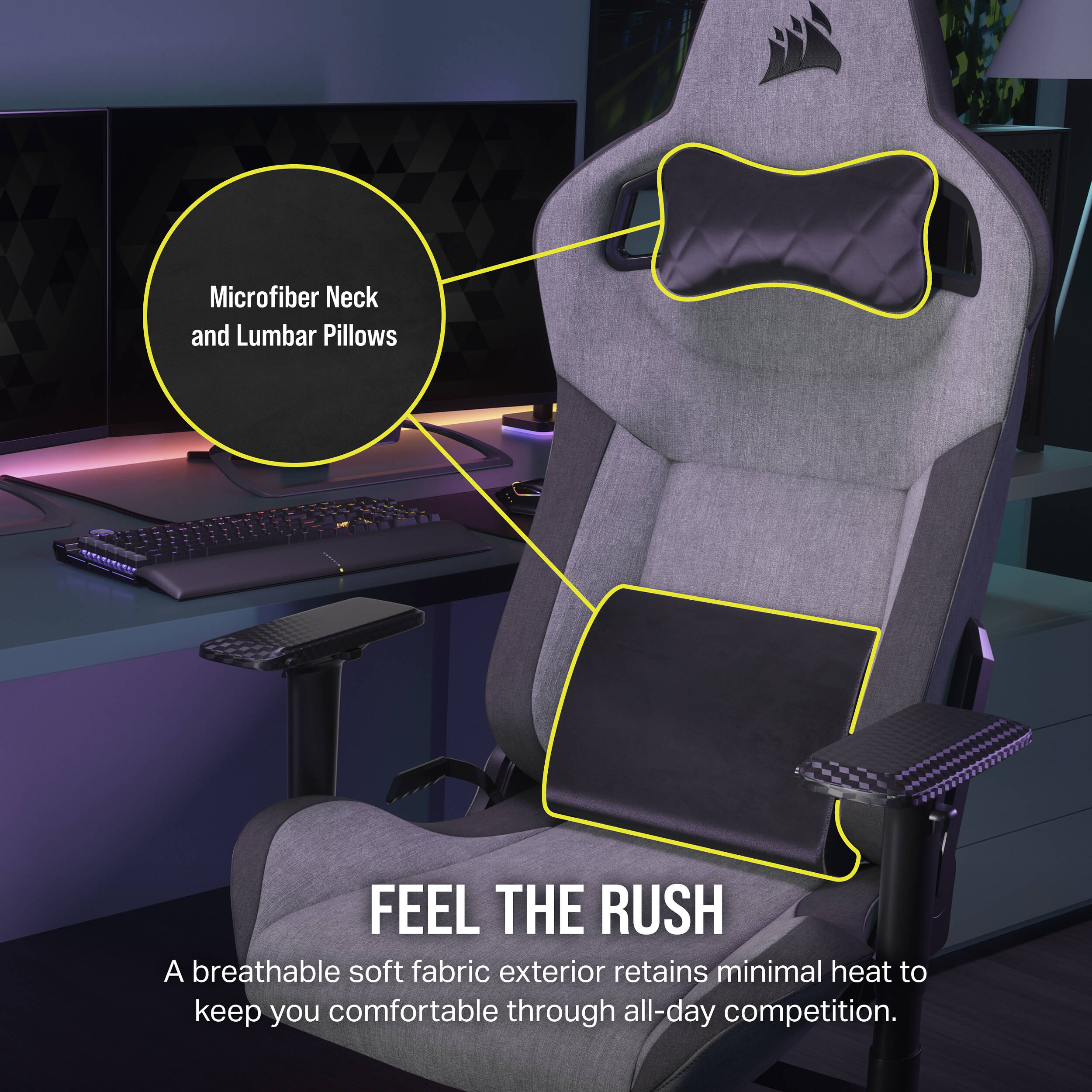 Corsair T3 RUSH 2023 gaming chair in gray with breathable cloth, lumbar support, and 4D armrests — view 3