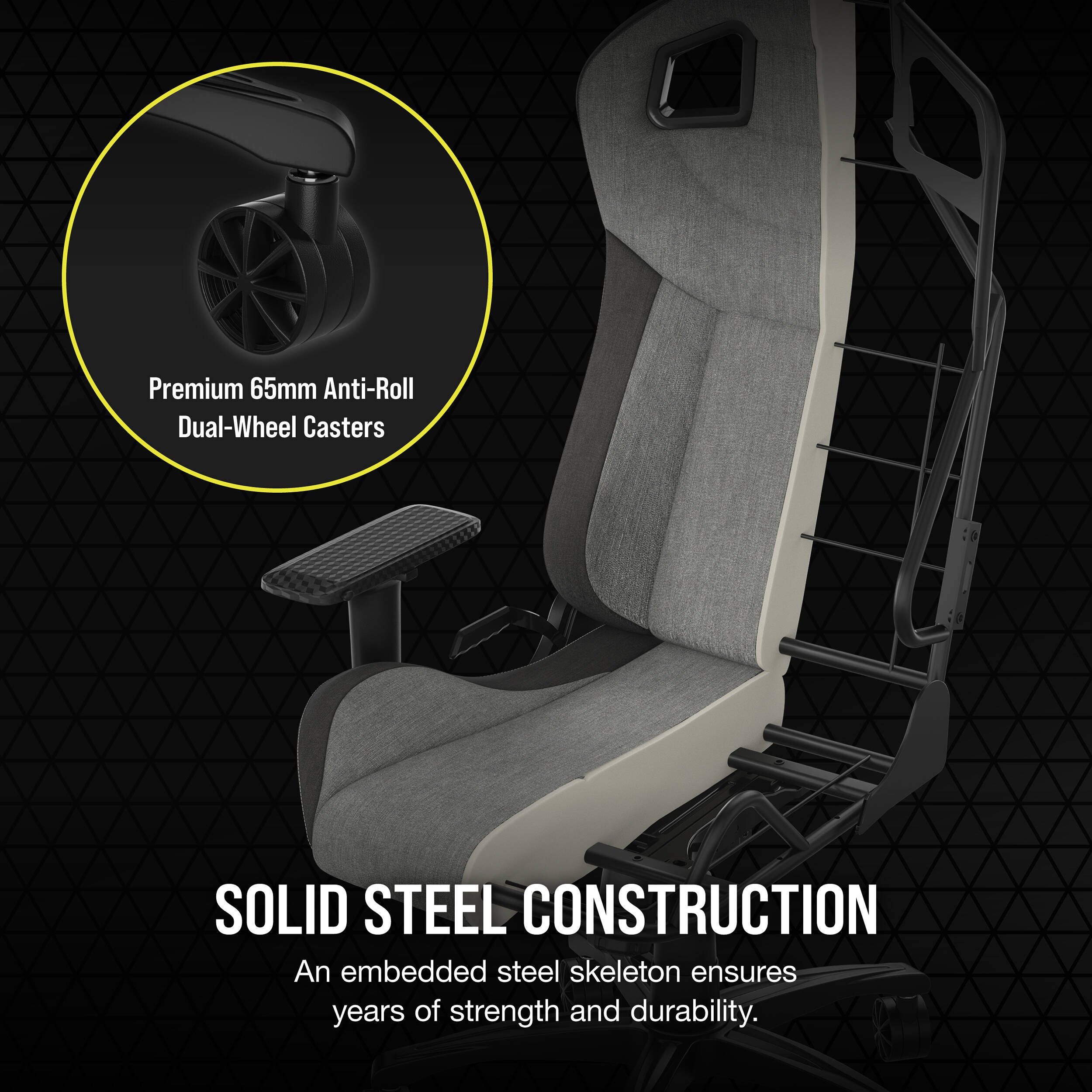 Corsair T3 RUSH 2023 gaming chair in gray with breathable cloth, lumbar support, and 4D armrests — view 4