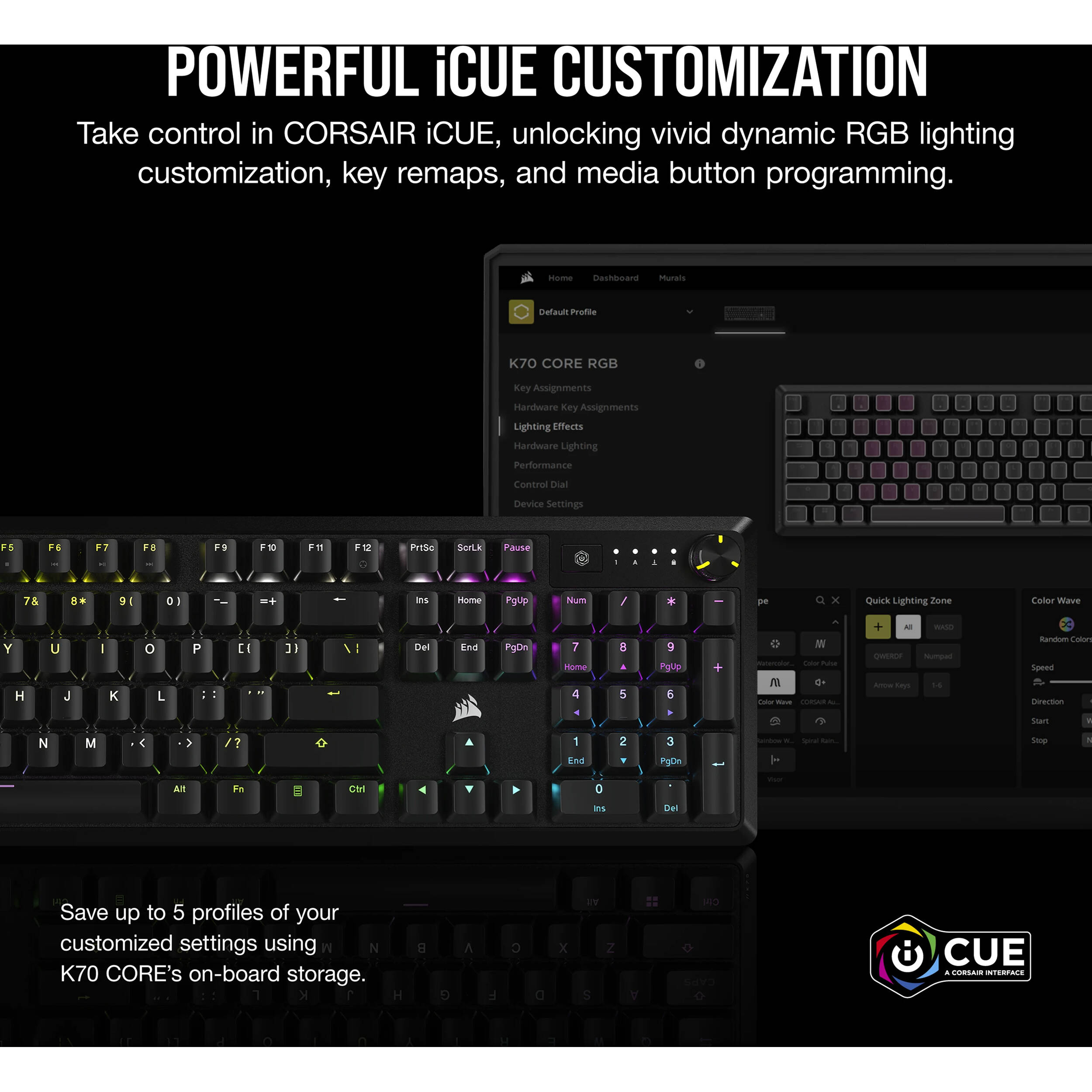 CORSAIR K70 CORE RGB mechanical gaming keyboard with rotary dial and aluminum top plate — view 6