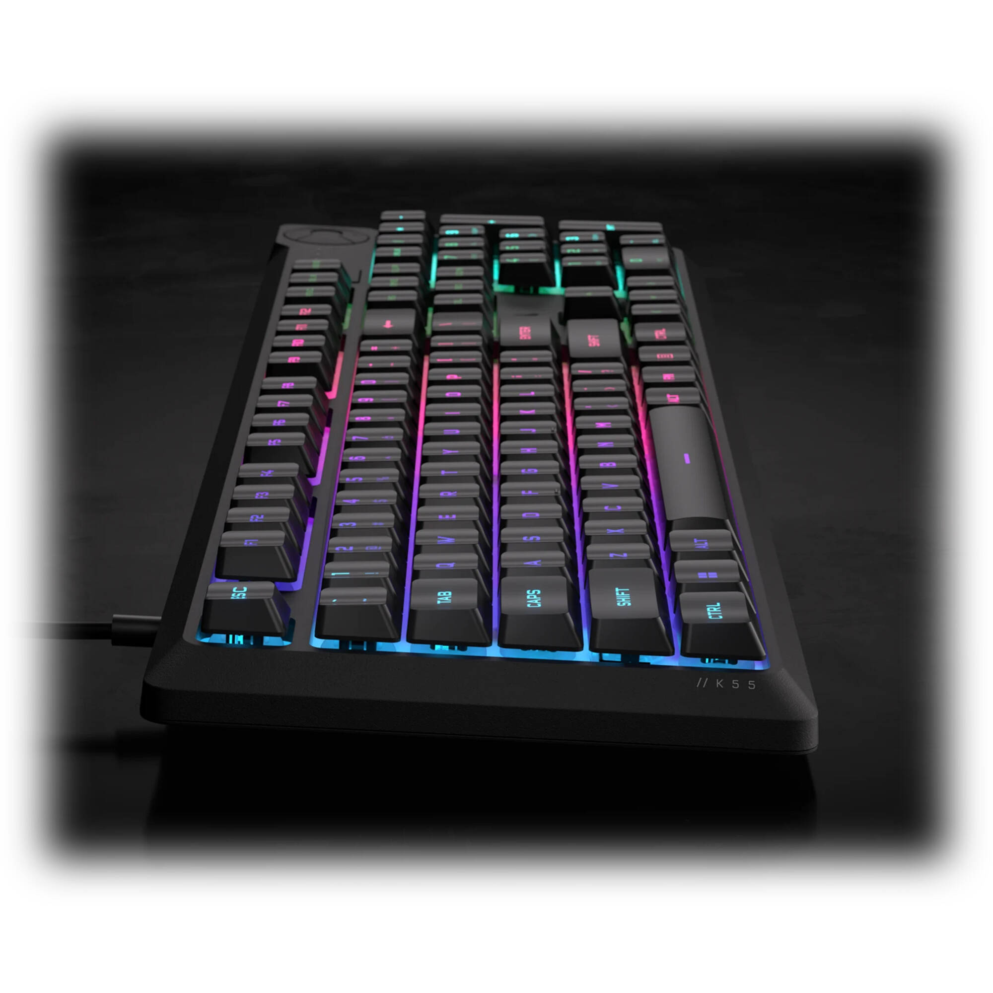 CORSAIR K55 CORE wired RGB gaming keyboard with full-size layout and media controls — view 3
