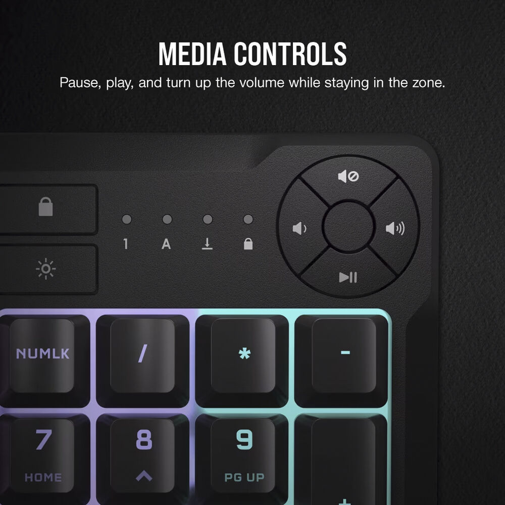 CORSAIR K55 CORE wired RGB gaming keyboard with full-size layout and media controls — view 6