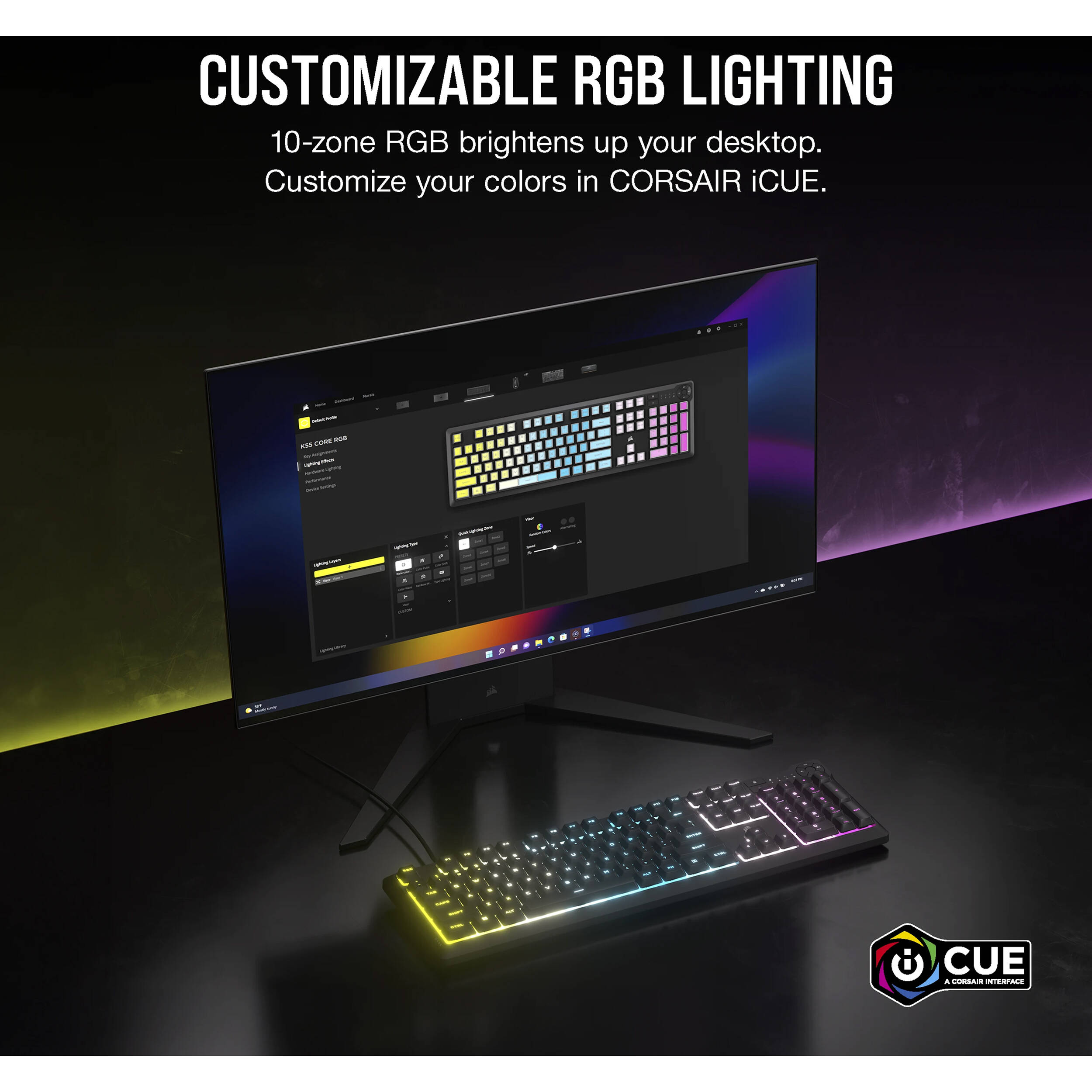 CORSAIR K55 CORE wired RGB gaming keyboard with full-size layout and media controls — view 7