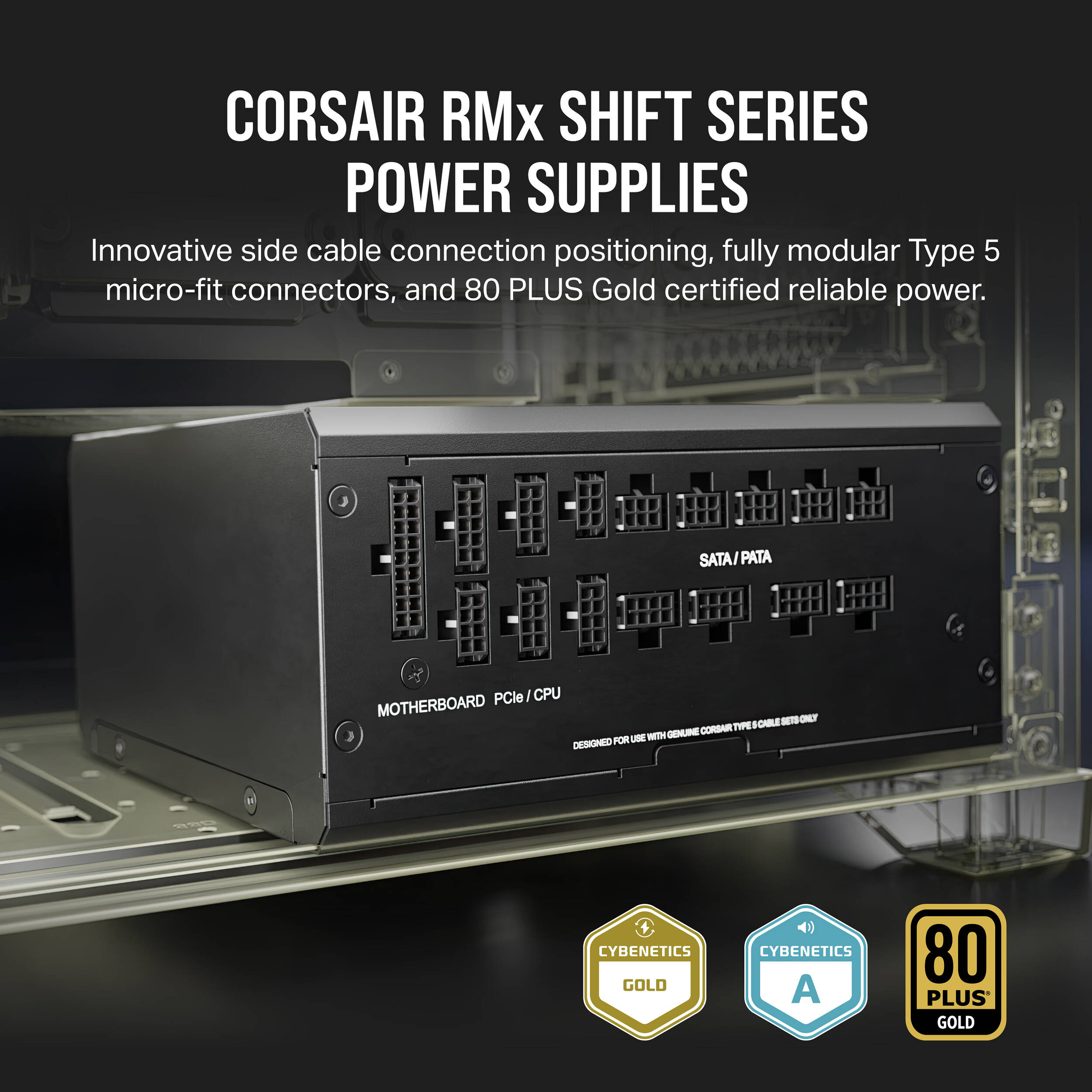 Corsair RM1200x SHIFT Series 1,200 W 80 Plus Gold fully modular power supply with side-mounted modular connections — view 4