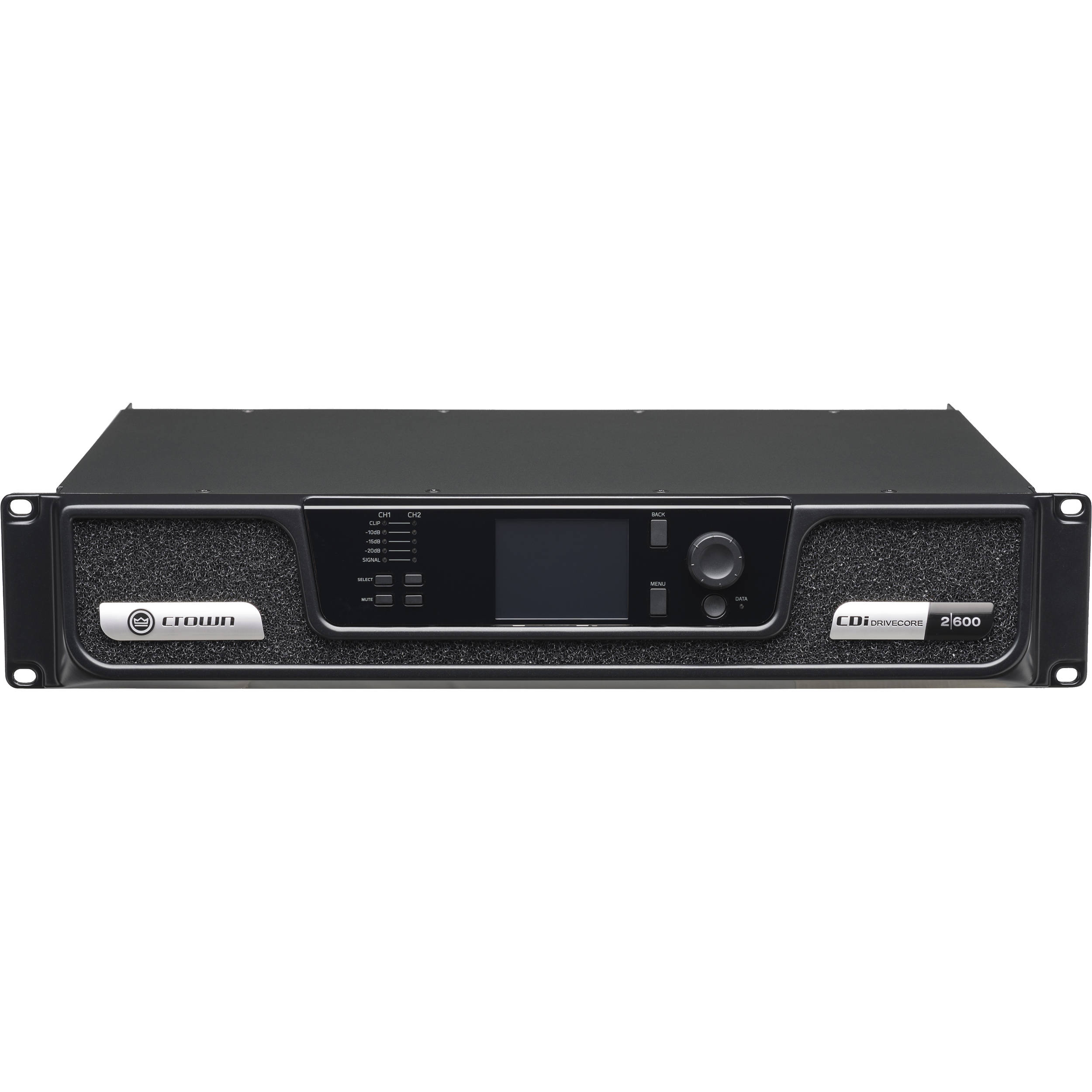 Crown two-channel 600 W per channel professional power amplifier front and rack side view — view 3