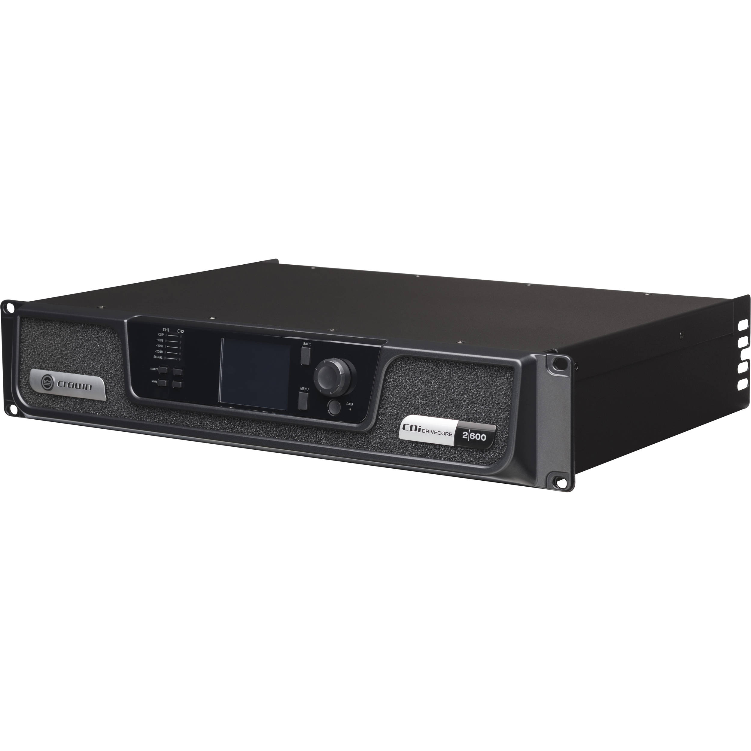 Crown two-channel 600 W per channel professional power amplifier front and rack side view — view 4