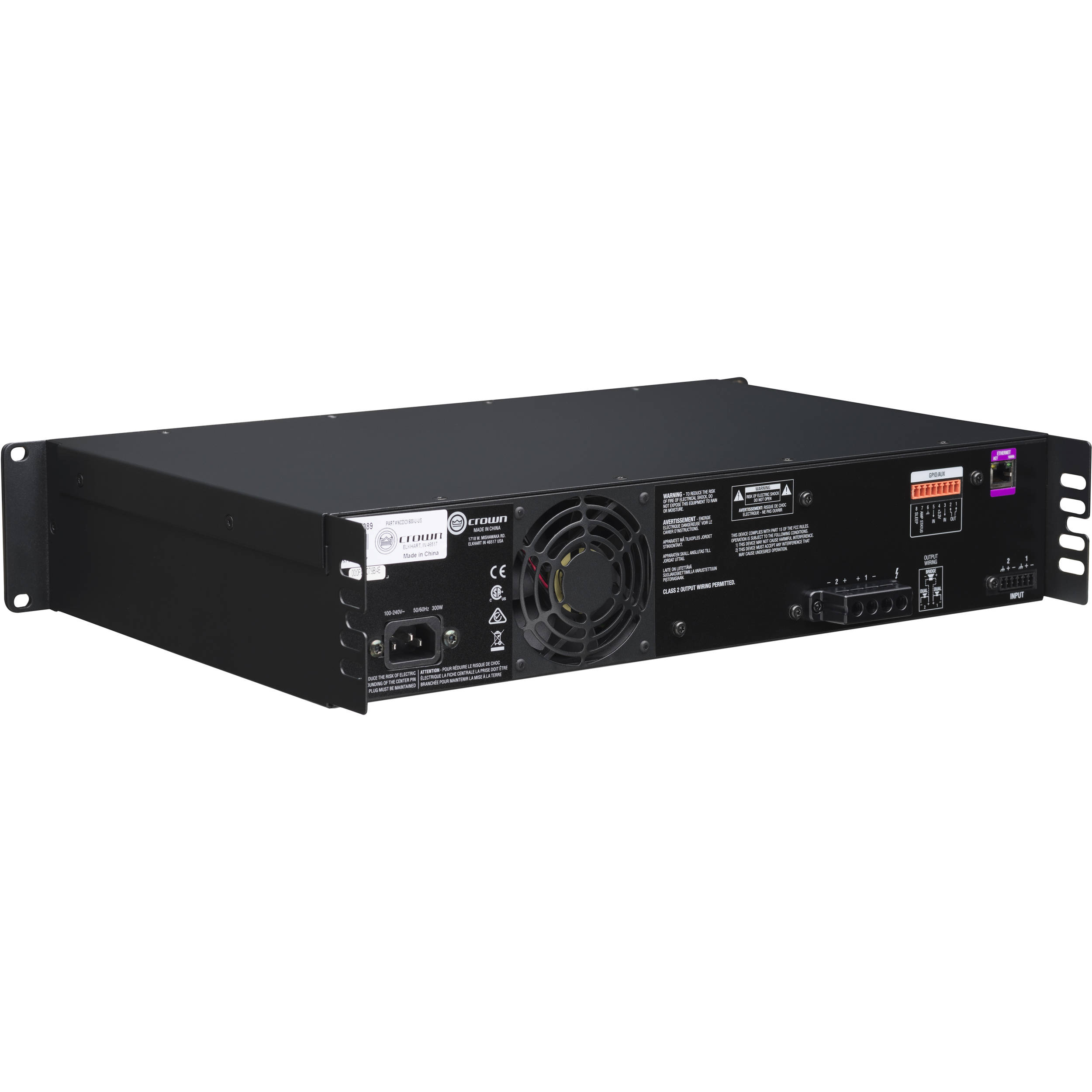 Crown two-channel 600 W per channel professional power amplifier front and rack side view — view 5