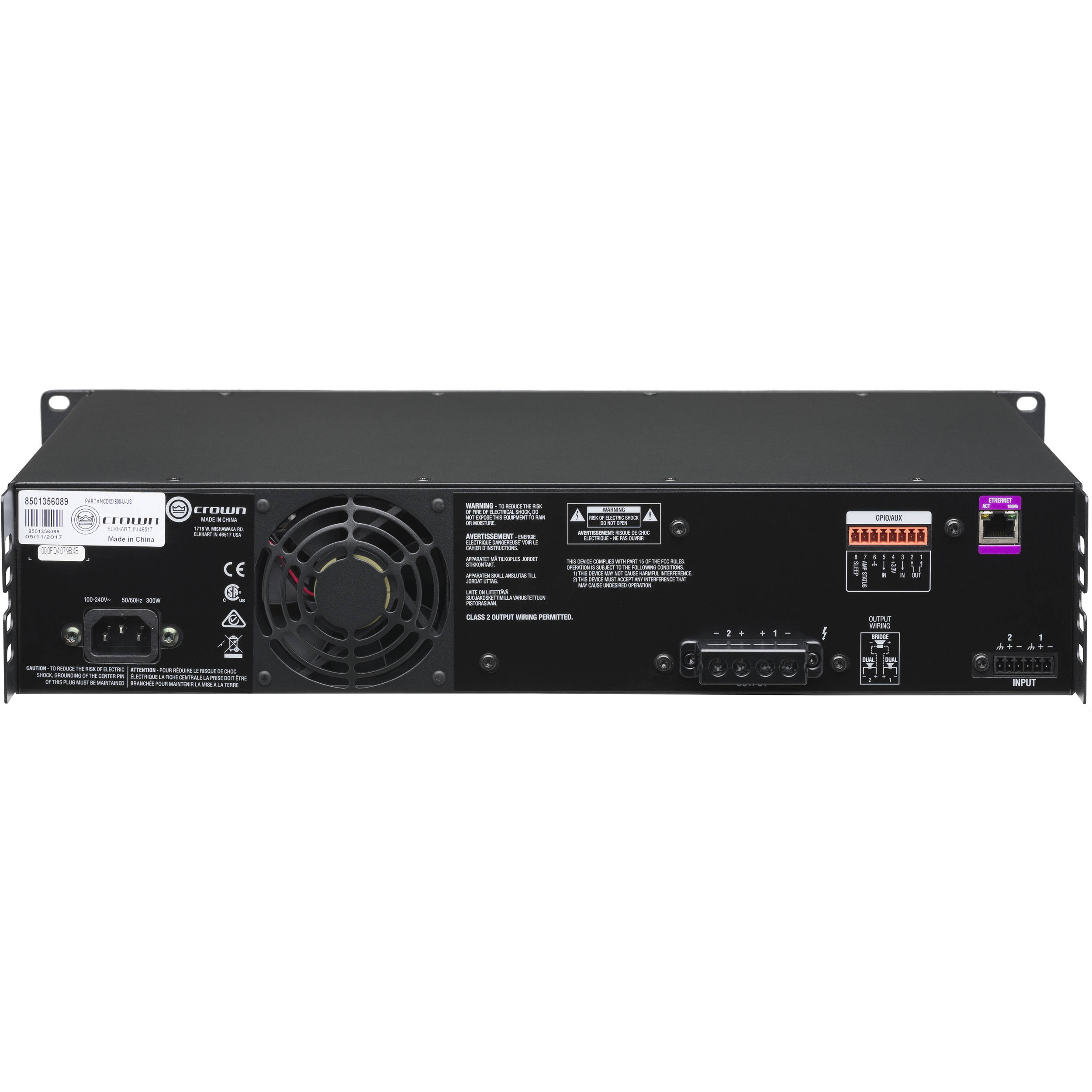 Crown two-channel 600 W per channel professional power amplifier front and rack side view — view 6
