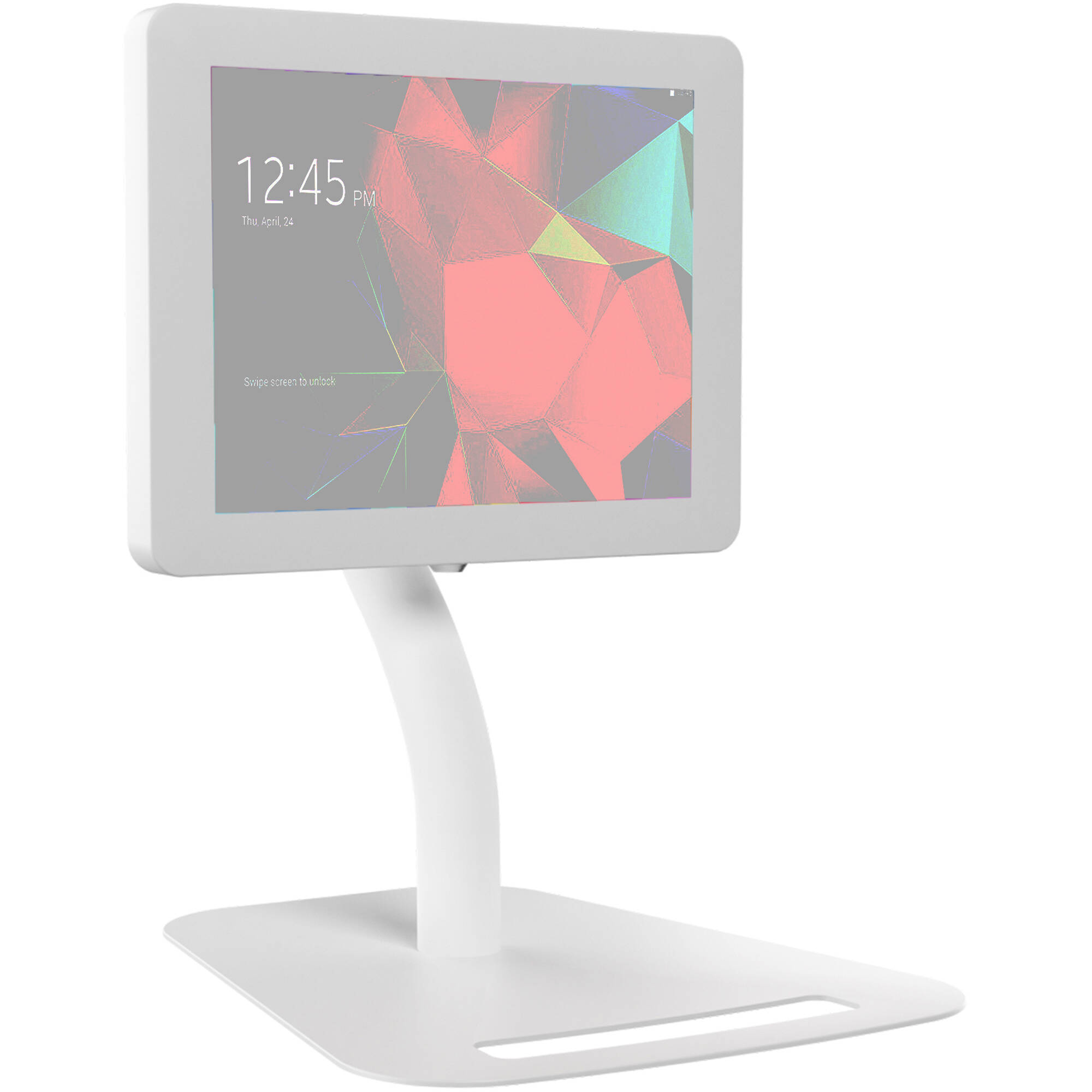 Height-adjustable floor-to-desk security kiosk for tablets in a public-facing workspace — view 2