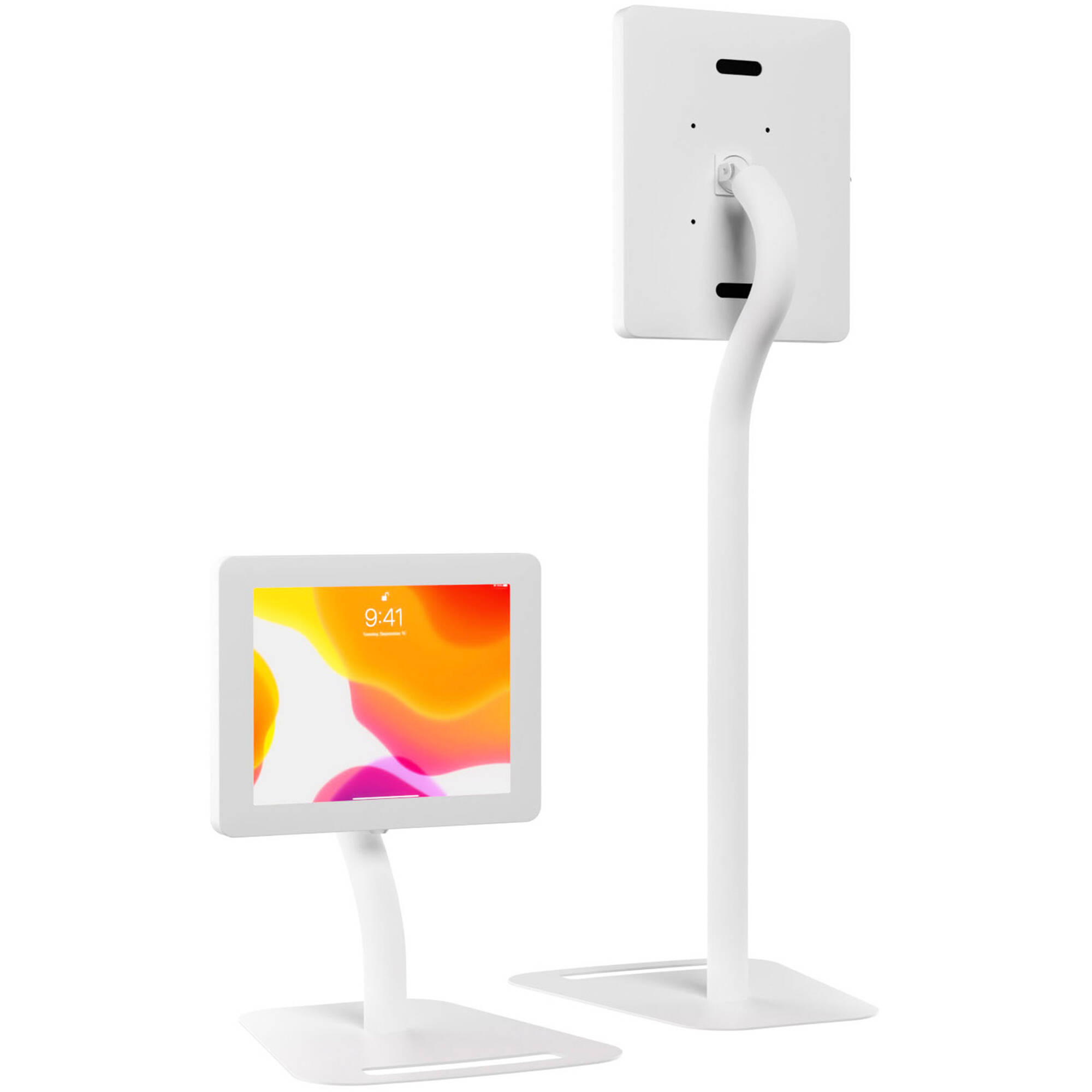 Height-adjustable floor-to-desk security kiosk for tablets in a public-facing workspace — view 4
