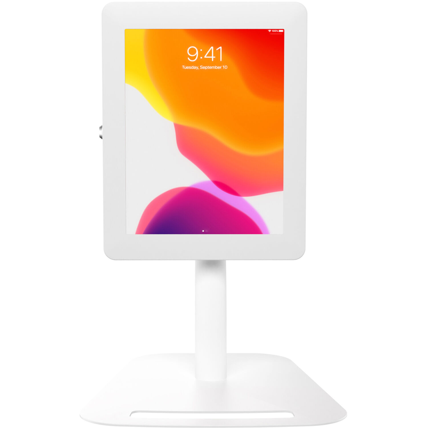 Height-adjustable floor-to-desk security kiosk for tablets in a public-facing workspace — view 5