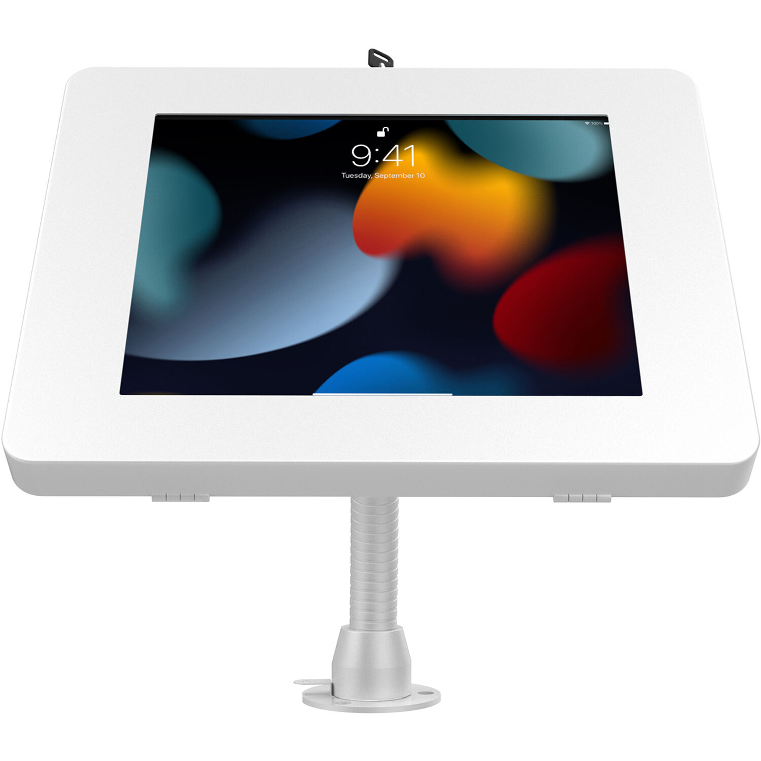 Black security kiosk stand with gooseneck for tablet display in a customer-facing environment — view 2