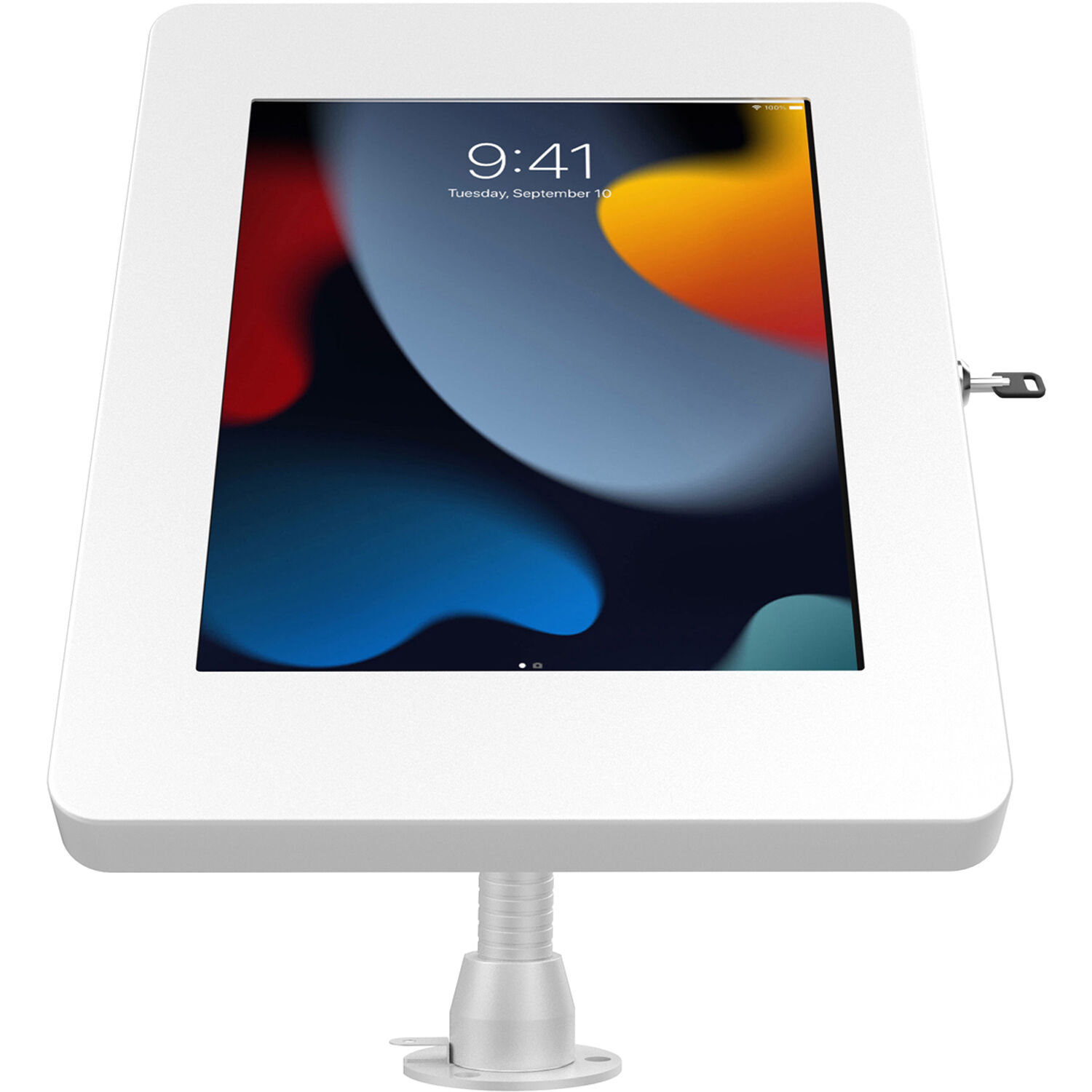 Black security kiosk stand with gooseneck for tablet display in a customer-facing environment — view 3