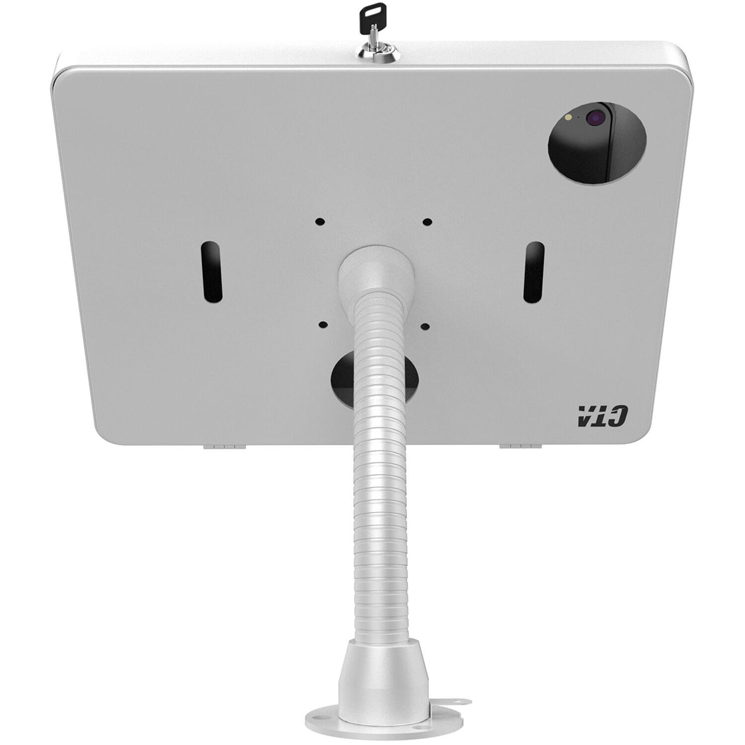 Black security kiosk stand with gooseneck for tablet display in a customer-facing environment — view 4
