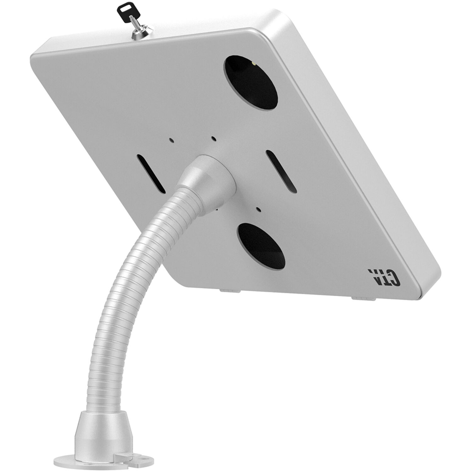 Black security kiosk stand with gooseneck for tablet display in a customer-facing environment — view 5