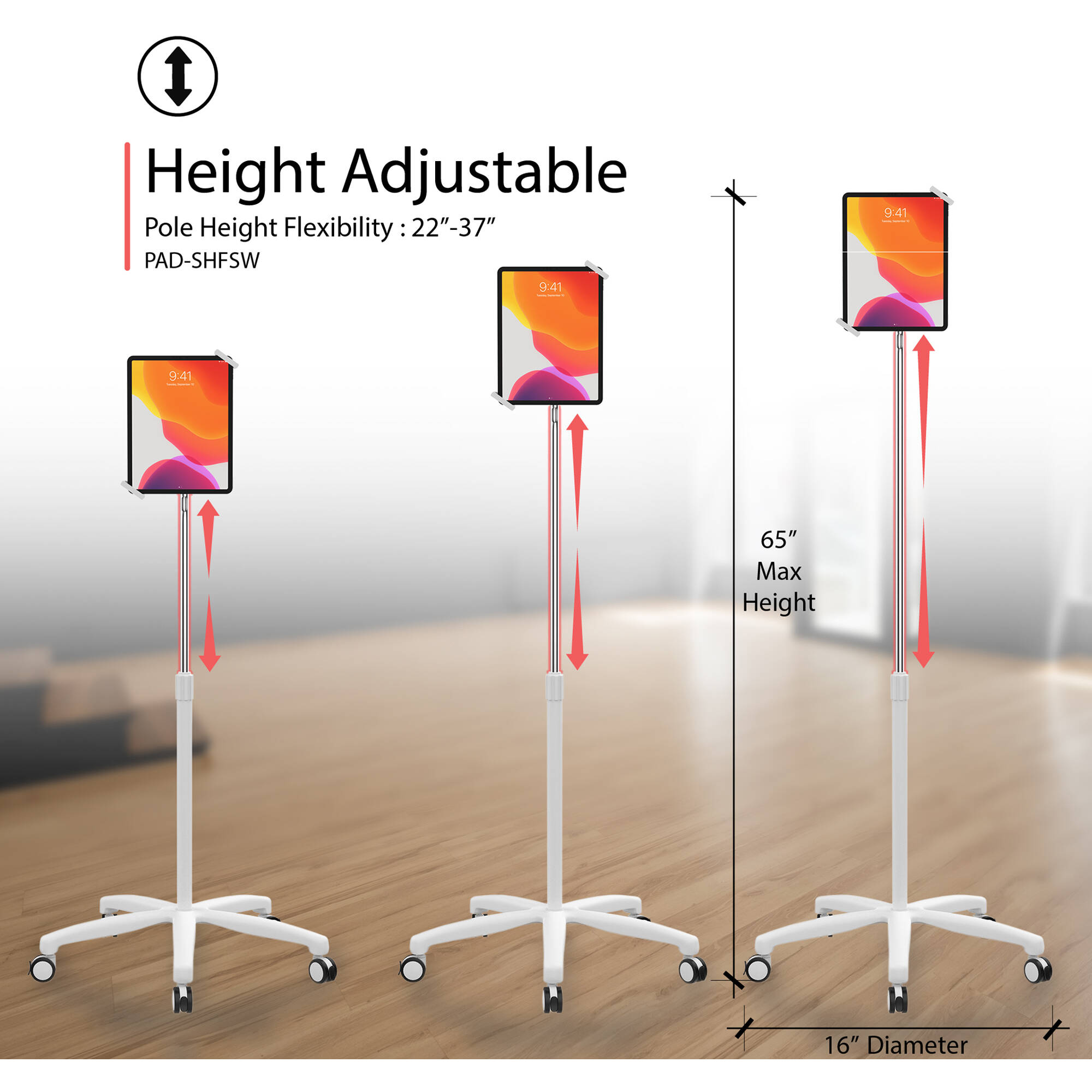 CTA Digital heavy-duty medical mobile floor stand for 7-13 inch tablets with height adjustment — view 4