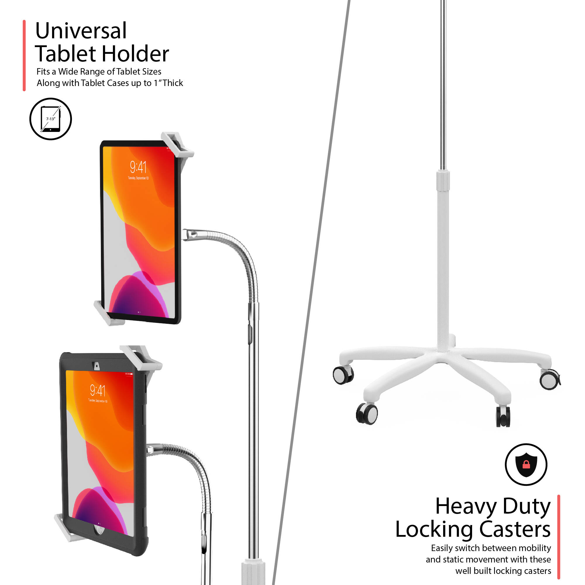CTA Digital heavy-duty medical mobile floor stand for 7-13 inch tablets with height adjustment — view 6