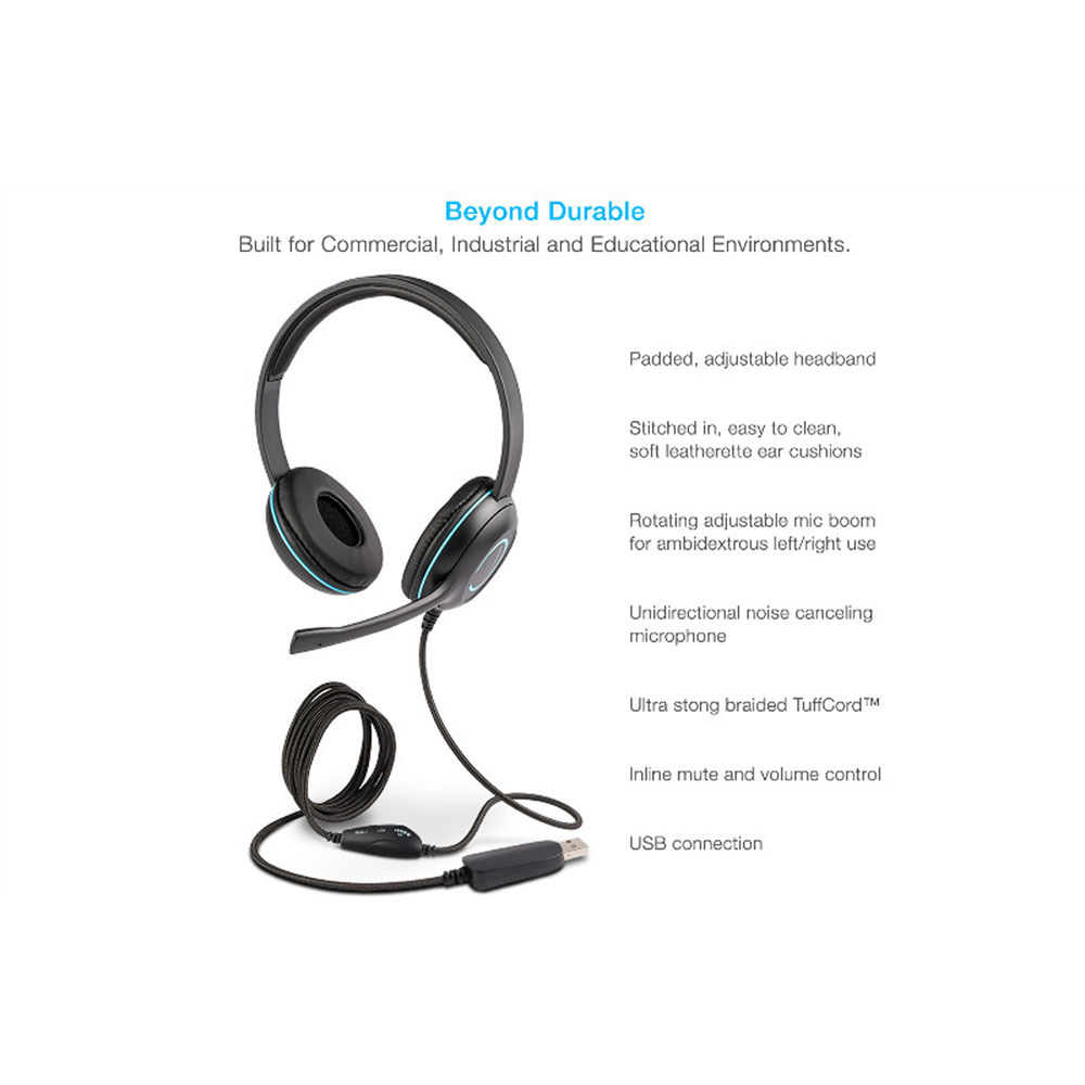 Cyber Acoustics AC-5008 USB stereo headset with inline controls, braided cable, and boom microphone — view 2
