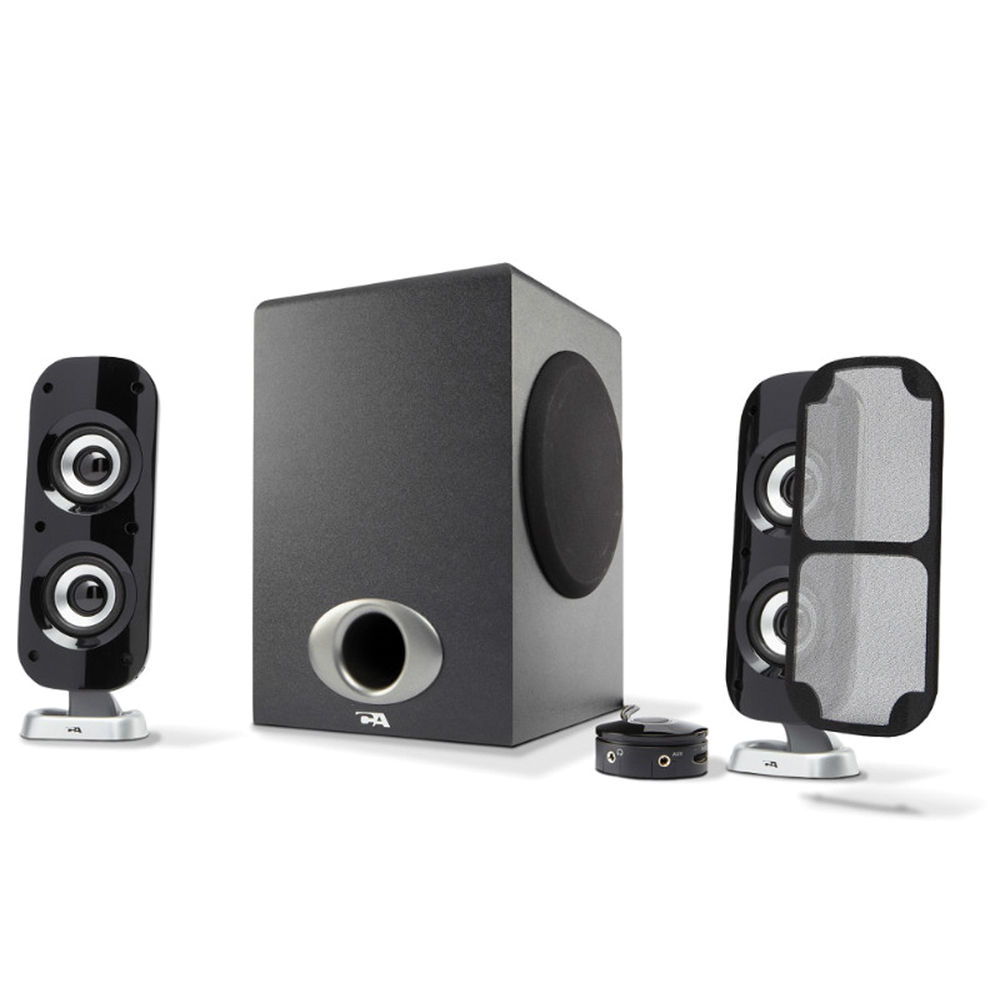 Cyber Acoustics CA-3810 3-piece powered desktop speakers with master volume control and removable grill cover — view 2