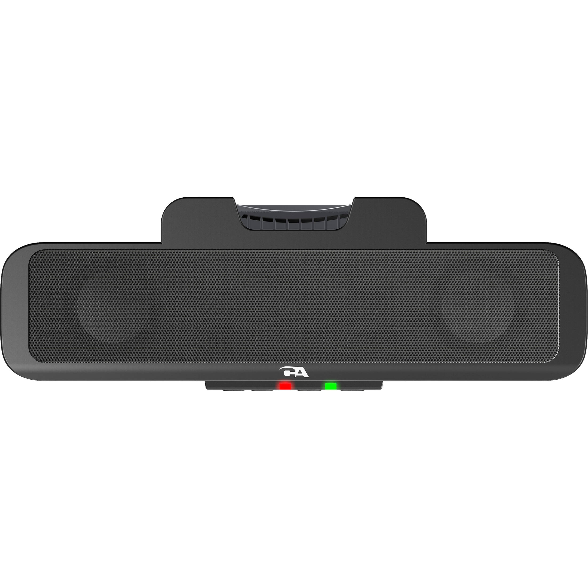 Cyber Acoustics CA-2890 USB sound bar mounted under a monitor on a desktop — view 2