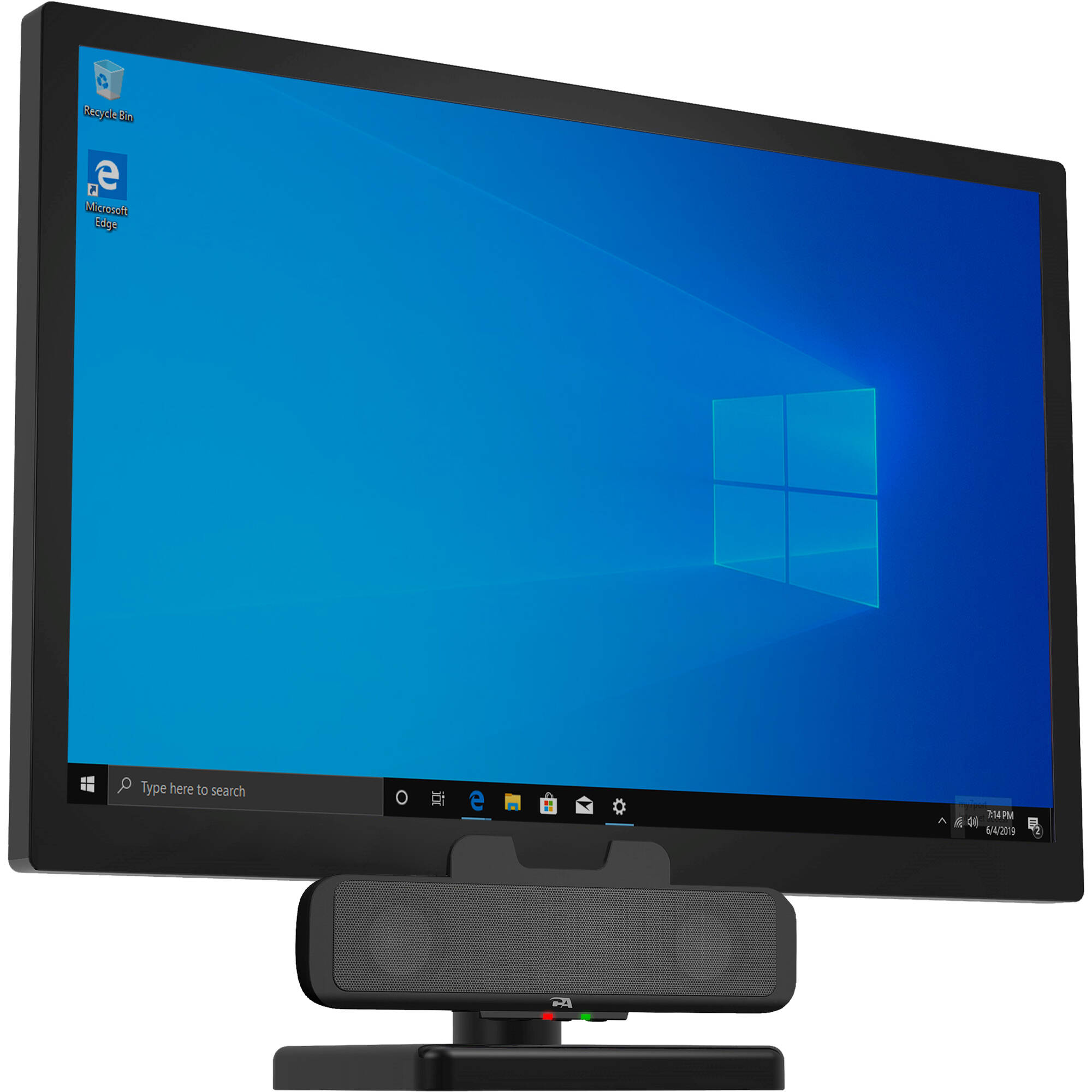 Cyber Acoustics CA-2890 USB sound bar mounted under a monitor on a desktop — view 5