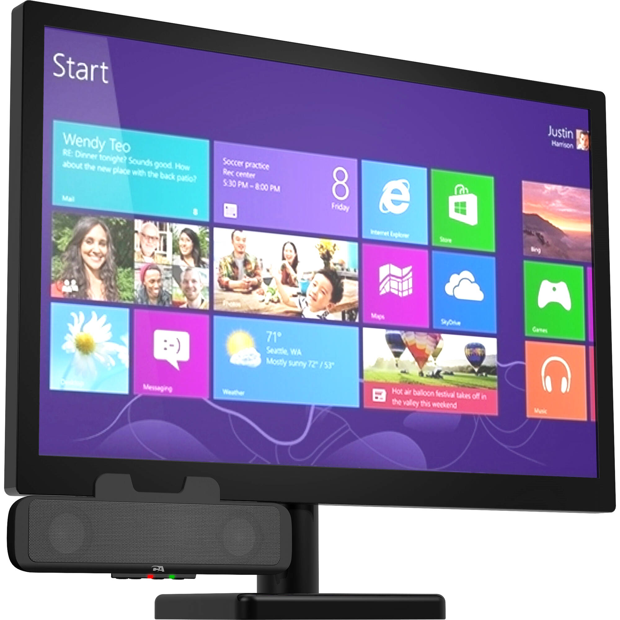 Cyber Acoustics CA-2890 USB sound bar mounted under a monitor on a desktop — view 6