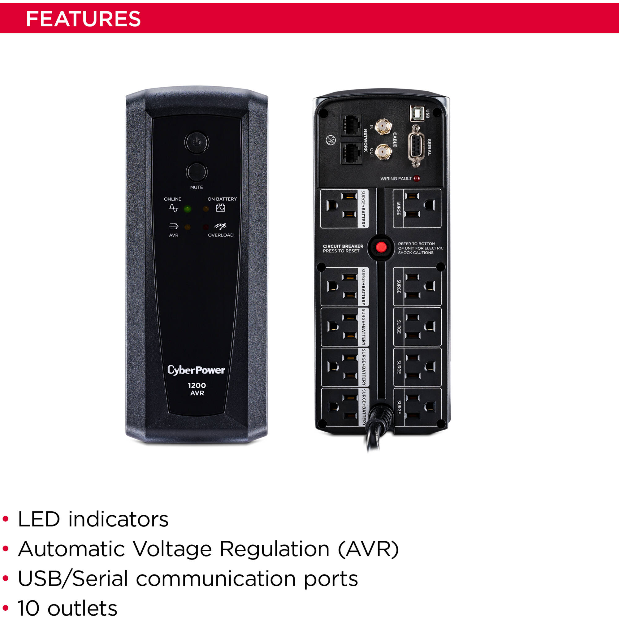CyberPower CP1200AVR 1200VA 720W desktop UPS with AVR and 10 NEMA 5-15R outlets — view 5
