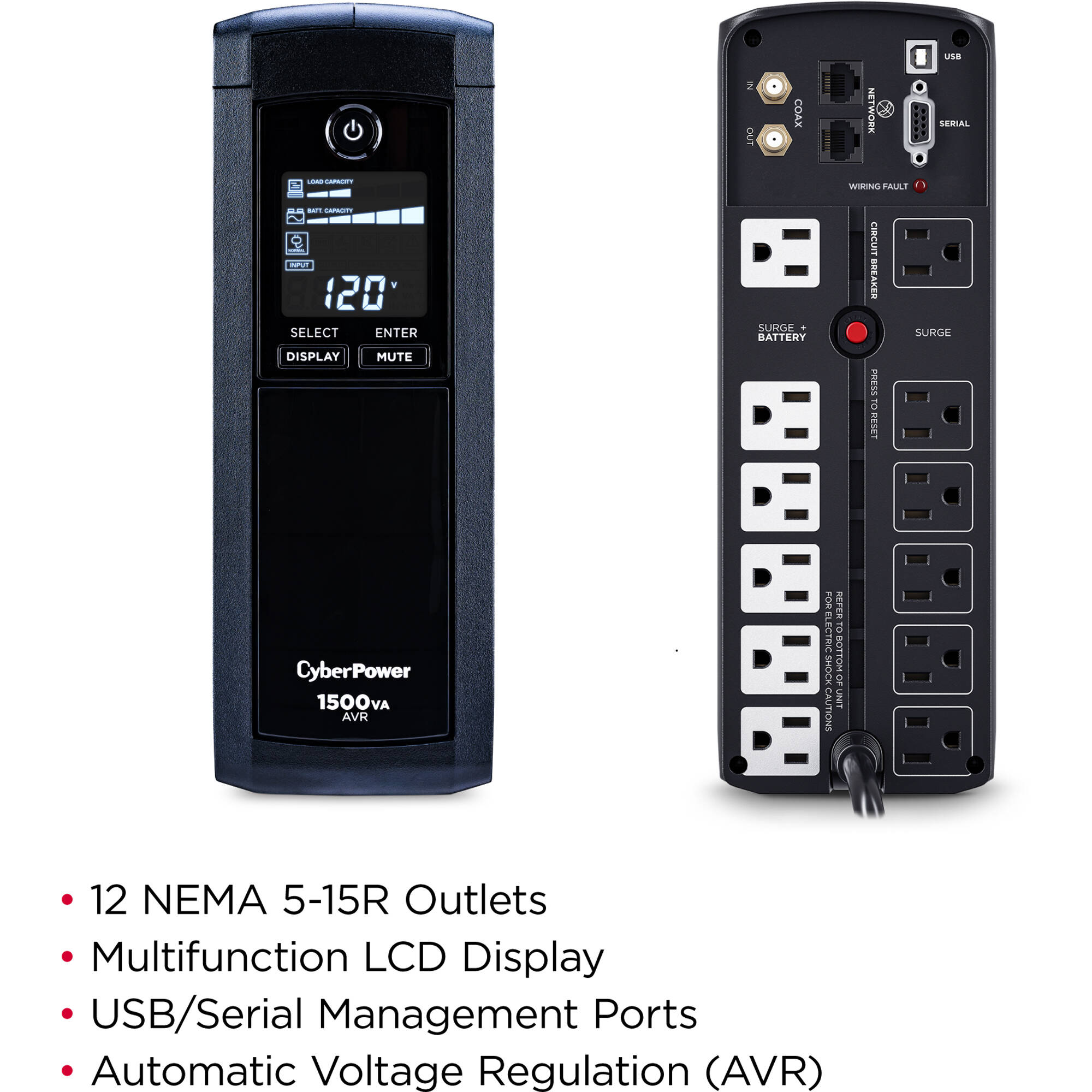 CyberPower CP1500AVRLCDTAA 1500 VA 900 W mini-tower UPS with LCD and 12 outlets — view 5