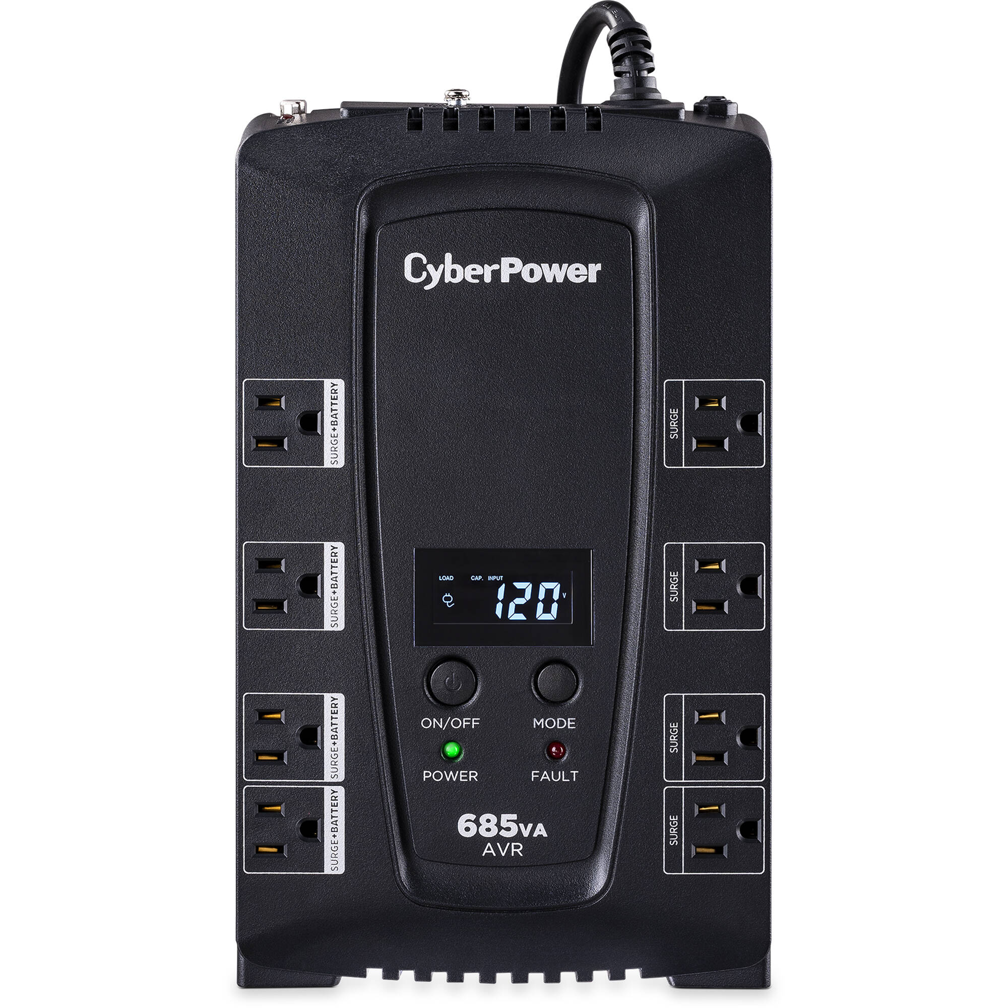 CyberPower CP685AVRLCD 685 VA 390 W desktop UPS with LCD and 8 outlets — view 2