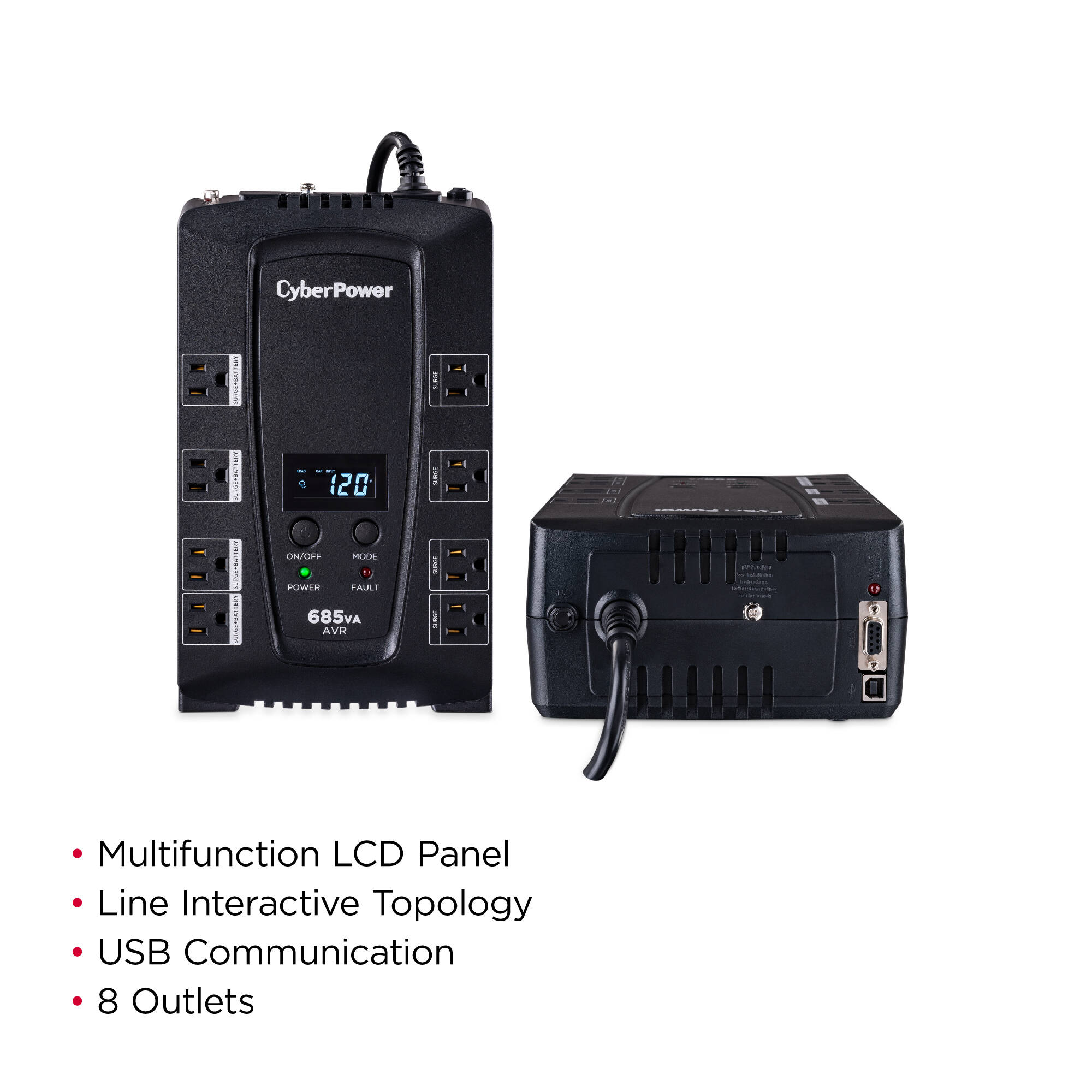 CyberPower CP685AVRLCD 685 VA 390 W desktop UPS with LCD and 8 outlets — view 5