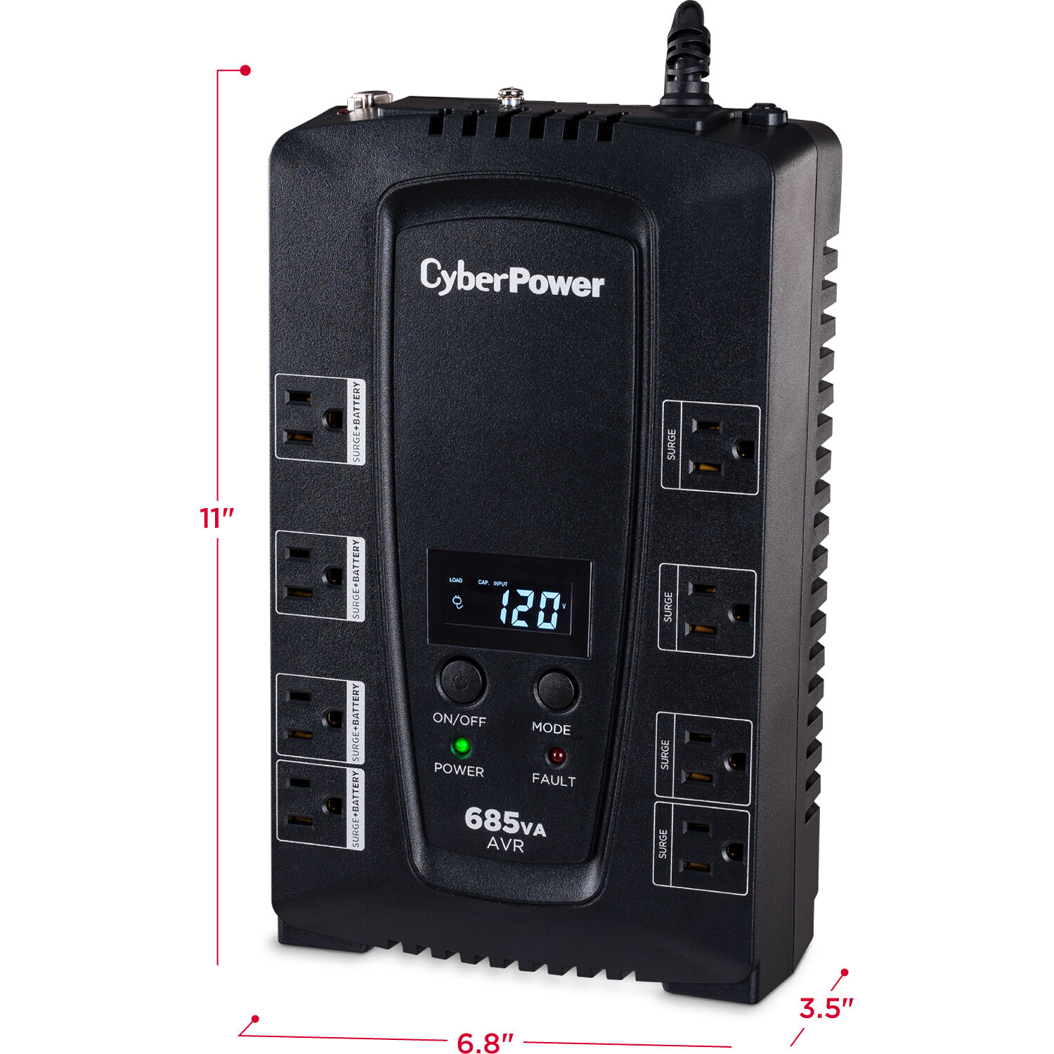 CyberPower CP685AVRLCD 685 VA 390 W desktop UPS with LCD and 8 outlets — view 6