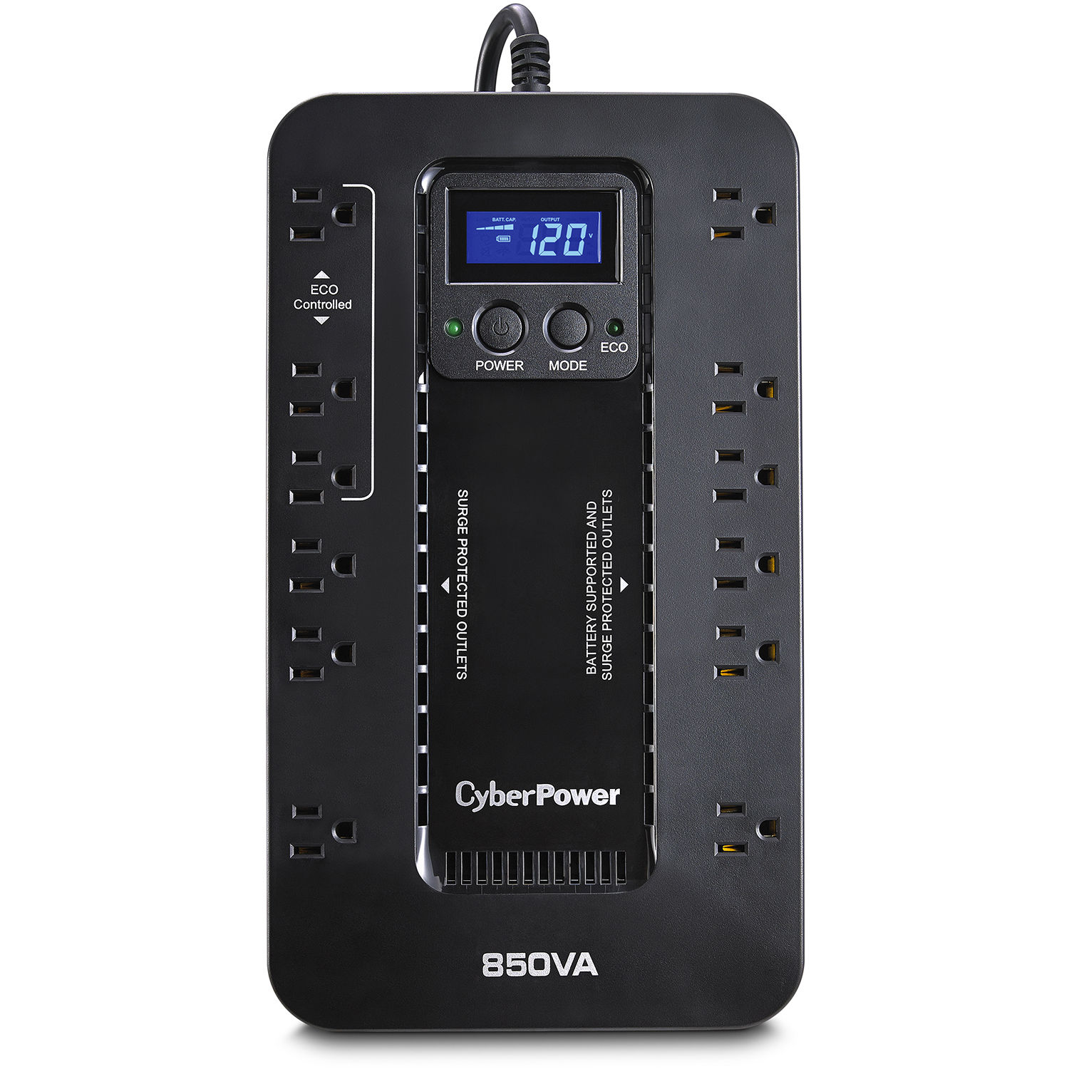 CyberPower EC850LCD 850 VA standby UPS mini-tower with LCD and 12 outlets — view 2