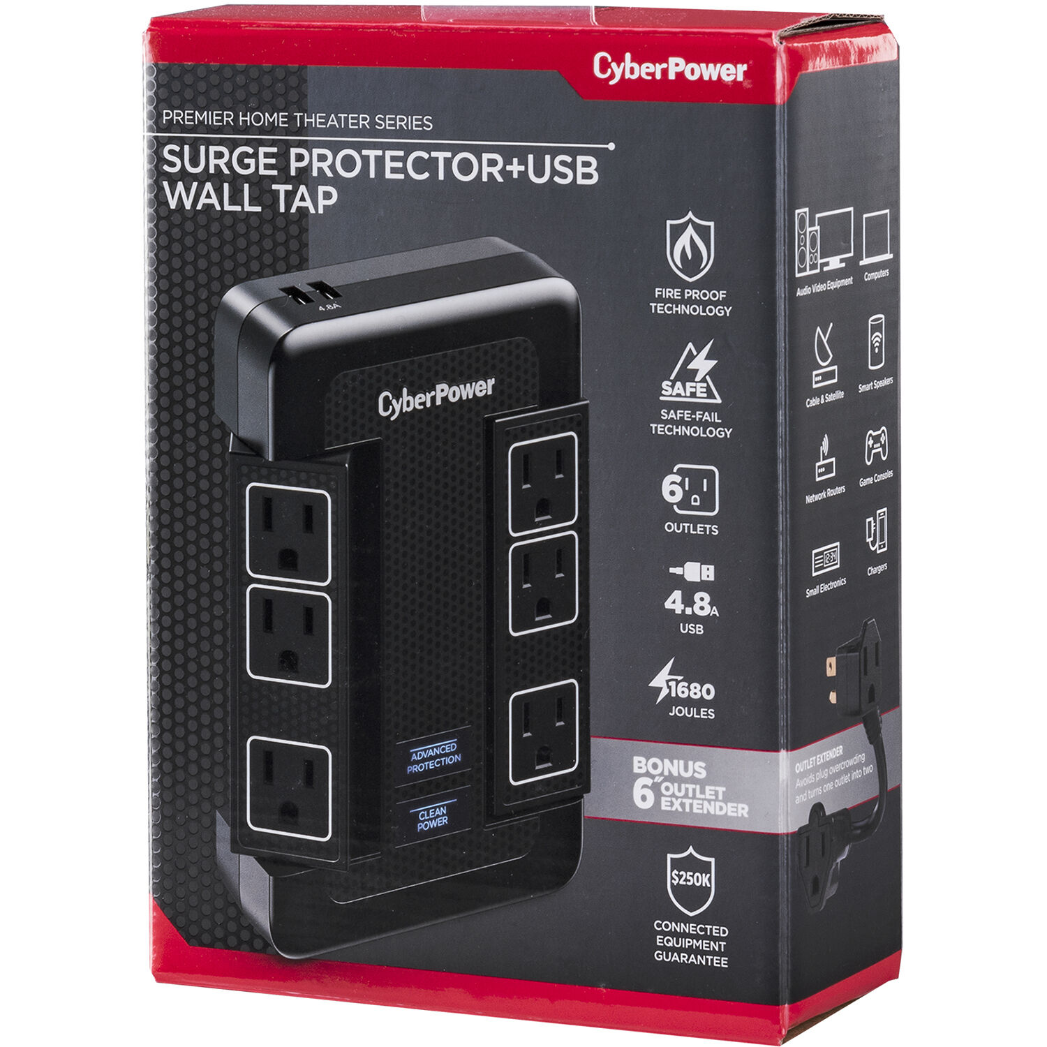 CyberPower HT600WSU2A black wall-tap surge protector with 5 outlets — view 12