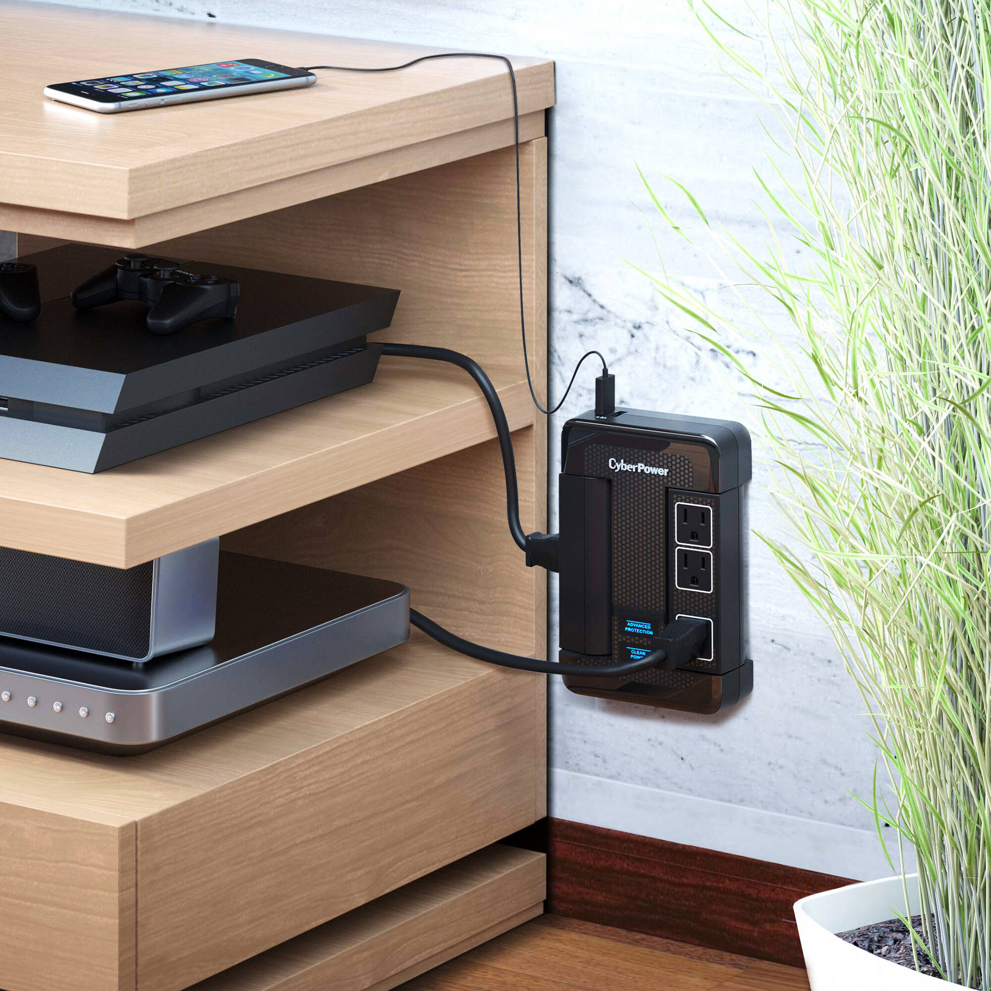 CyberPower HT600WSU2A black wall-tap surge protector with 5 outlets — view 14