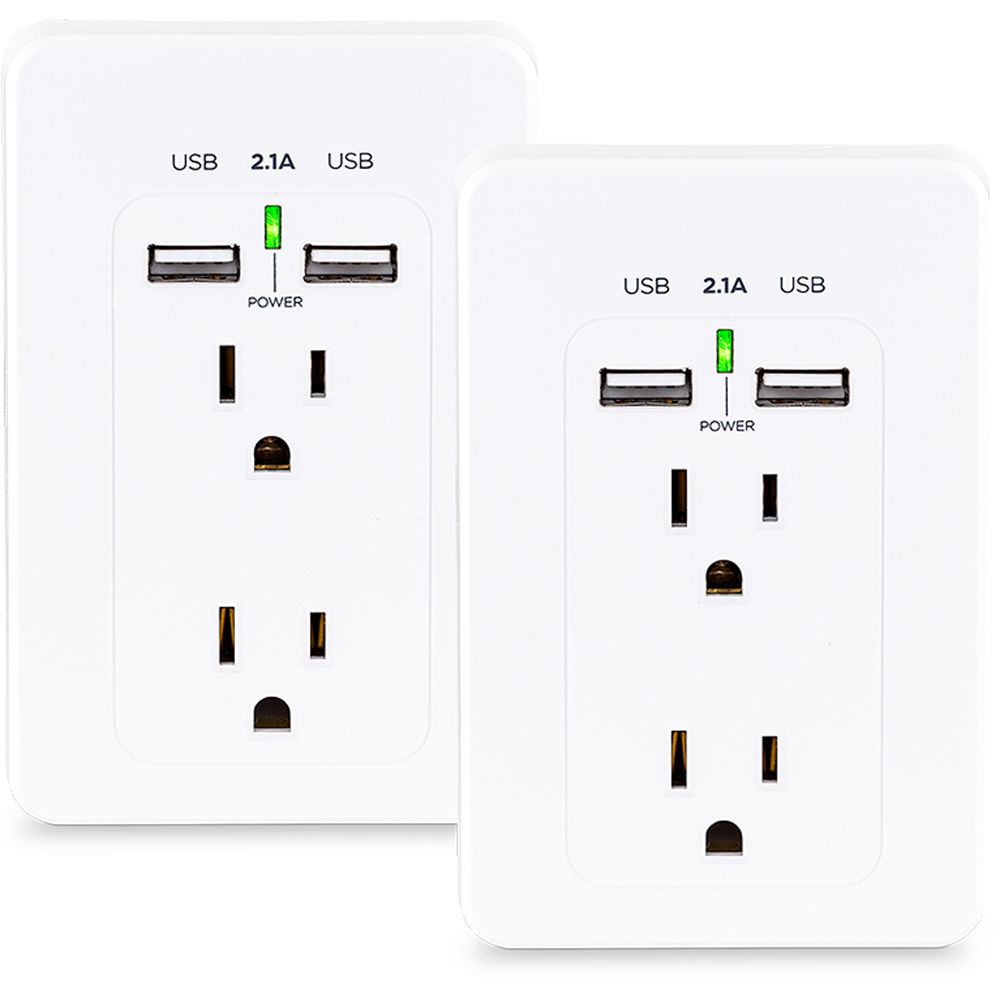 White CyberPower wall tap with 2 outlets and 2 USB charging ports, 2-pack — view 2