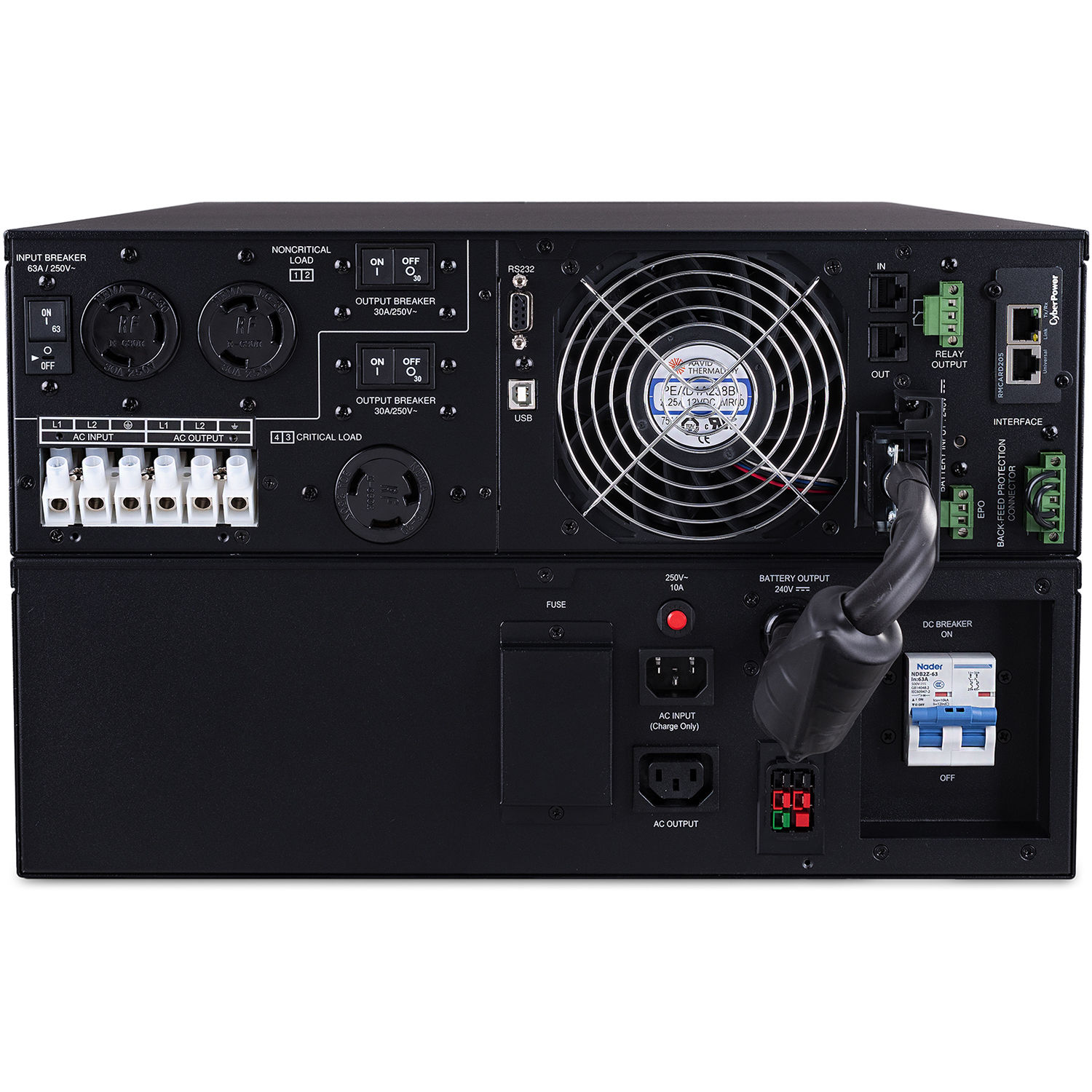 8KVA/8KW, online double-conversion UPS, Sine wave output, 6U rack/tower convertible, 200-240V input and output, hardwire input terminal block, (3) NEMA L6-30R outlets, LCD control panel, RMCARD205 pre-installed, EPO, RS-32/USB, 3 year warranty — view 4