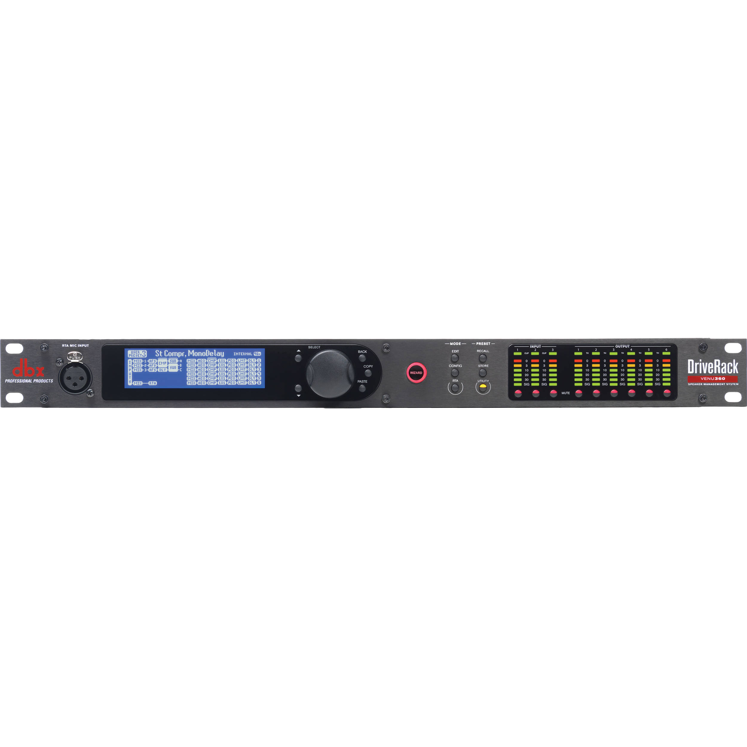 DBX DriveRack VENU360-V 3x6 loudspeaker management system for professional audio racks — view 2