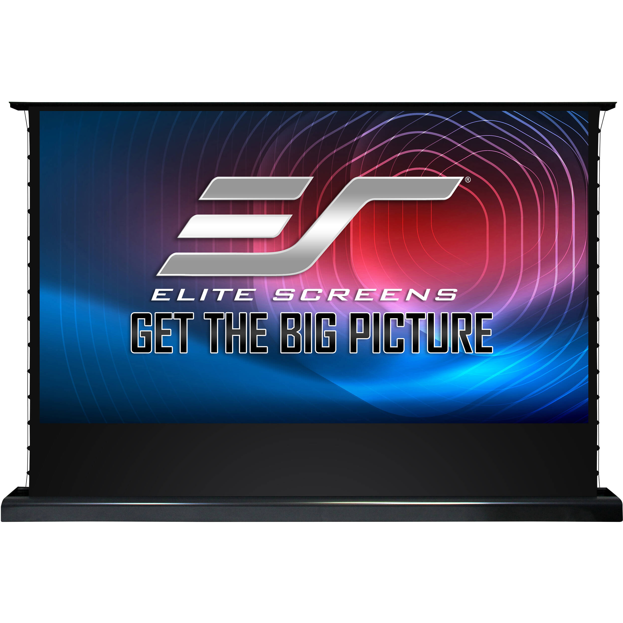 Elite Screens Kestrel Tab Tension 3 150-inch motorized floor-rising projection screen in white — view 2