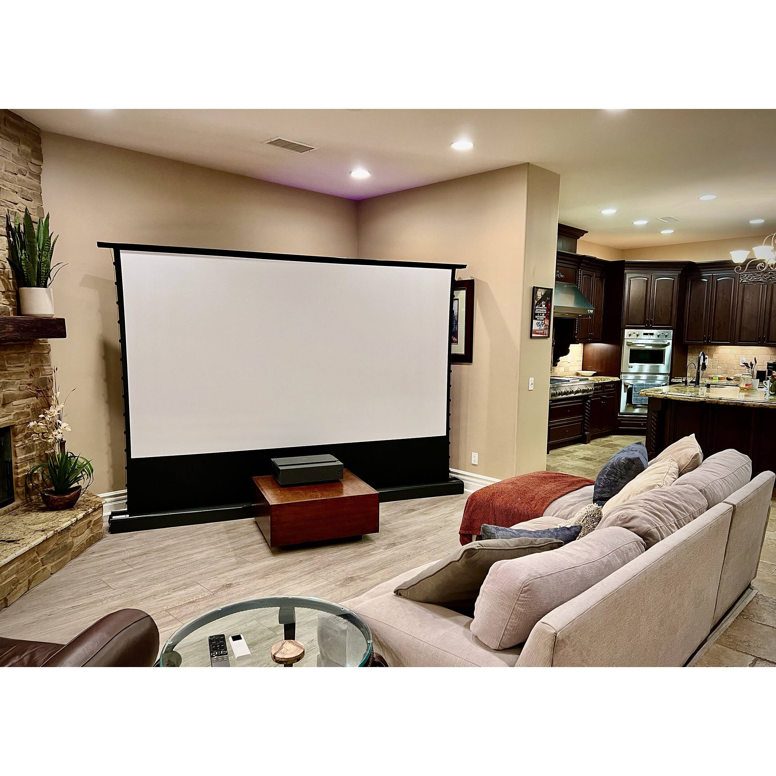 Elite Screens Kestrel Tab Tension 3 150-inch motorized floor-rising projection screen in white — view 5