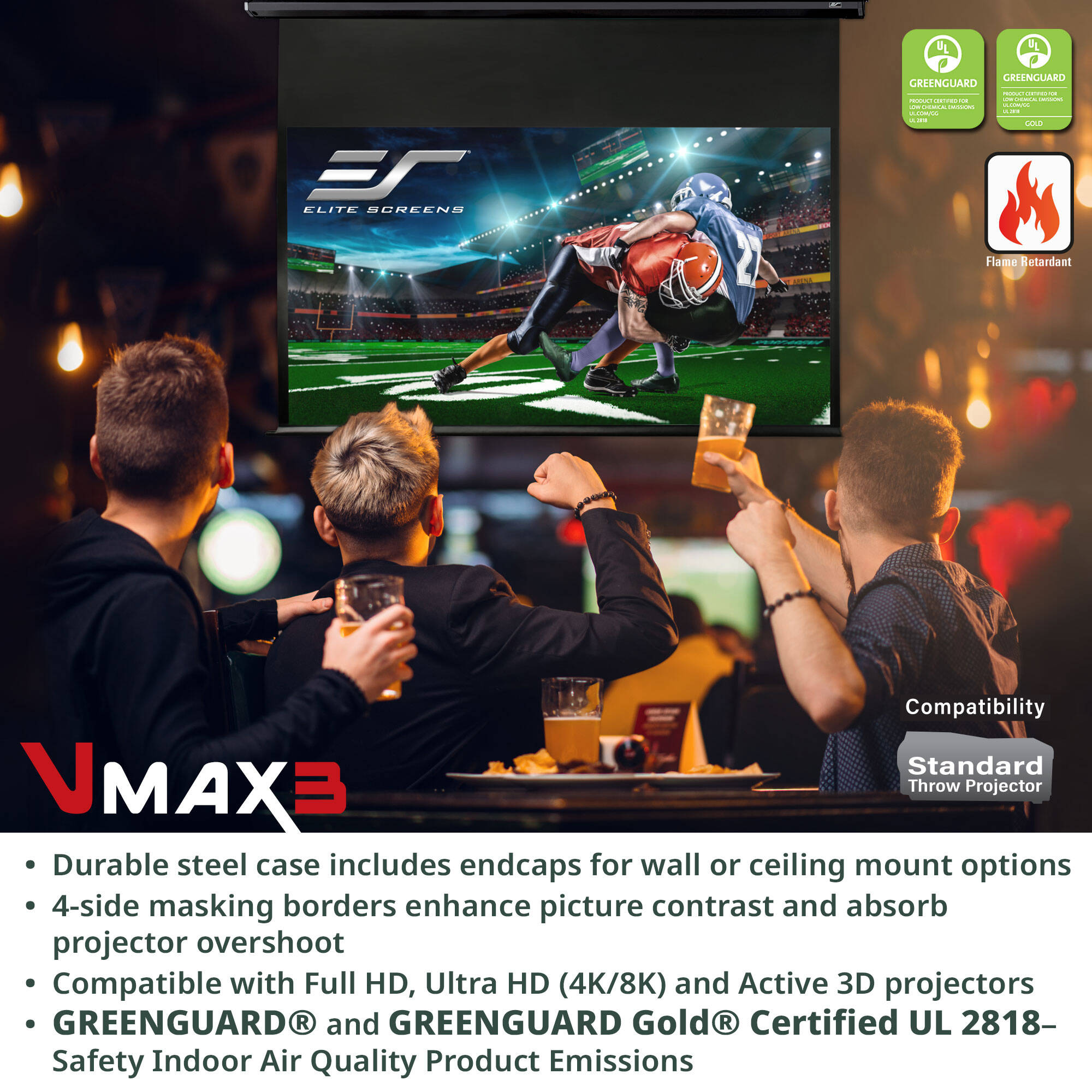 Elite Screens VMAX 3 135-inch 4:3 electric drop-down projector screen for wall or ceiling mounting — view 4