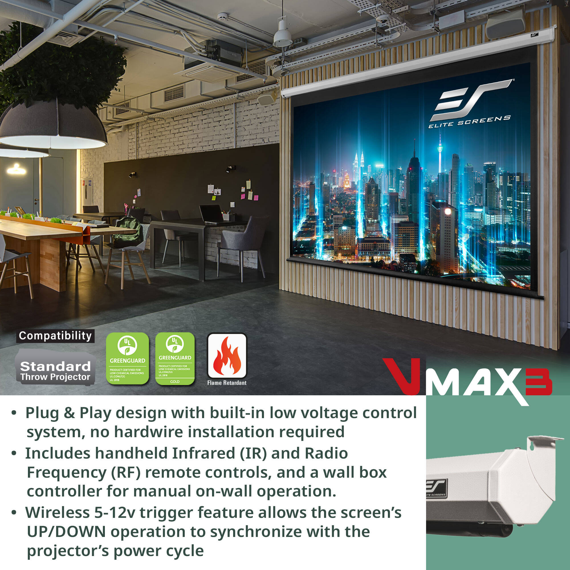 Elite Screens VMAX 3 135-inch 4:3 electric drop-down projector screen for wall or ceiling mounting — view 5