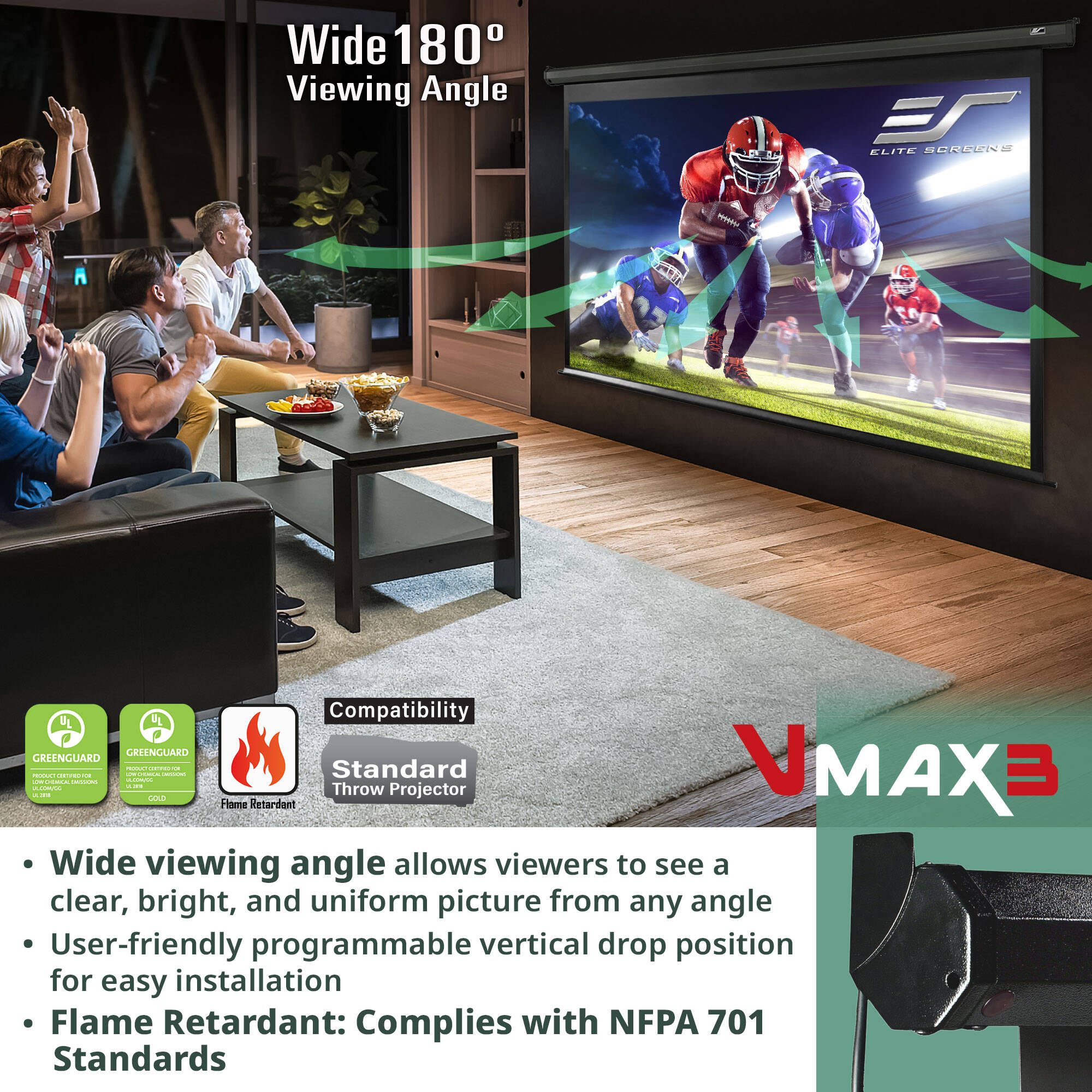 Elite Screens VMAX 3 135-inch 4:3 electric drop-down projector screen for wall or ceiling mounting — view 6