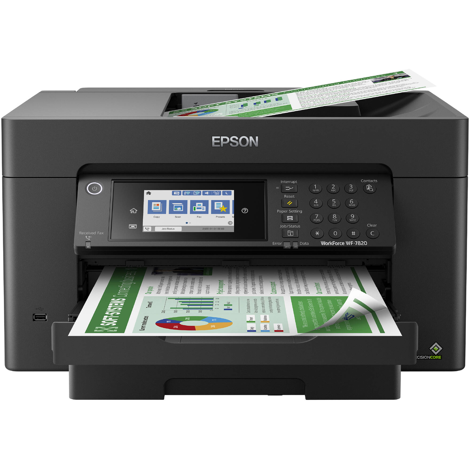 Epson WorkForce WF-7820 wide-format all-in-one printer with touchscreen and dual paper trays — view 2