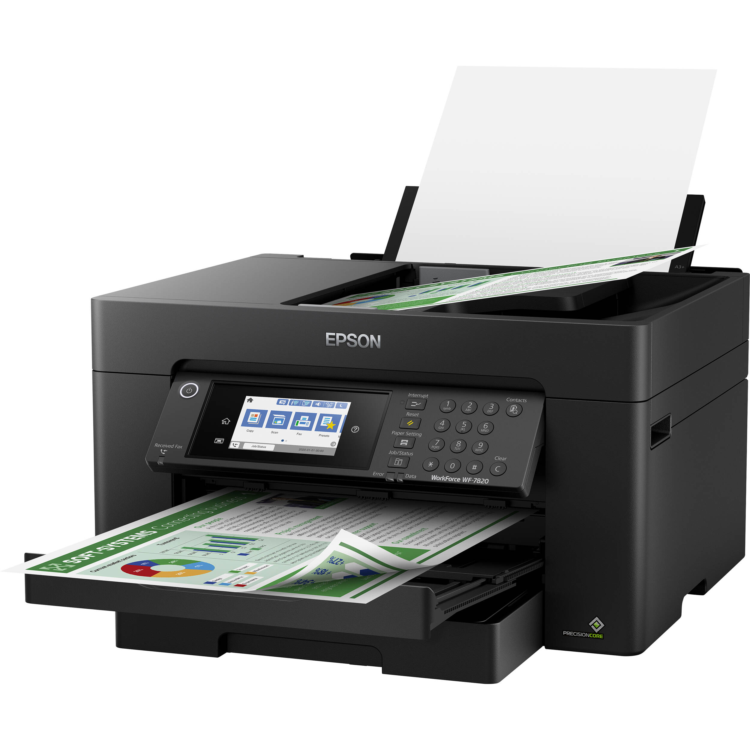 Epson WorkForce WF-7820 wide-format all-in-one printer with touchscreen and dual paper trays — view 3