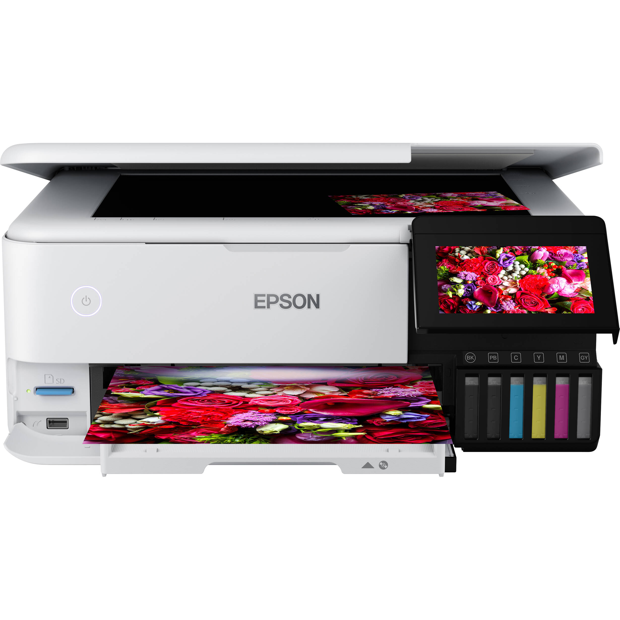 Epson EcoTank ET-8500 white all-in-one printer with wireless connectivity and refillable ink tanks — view 2