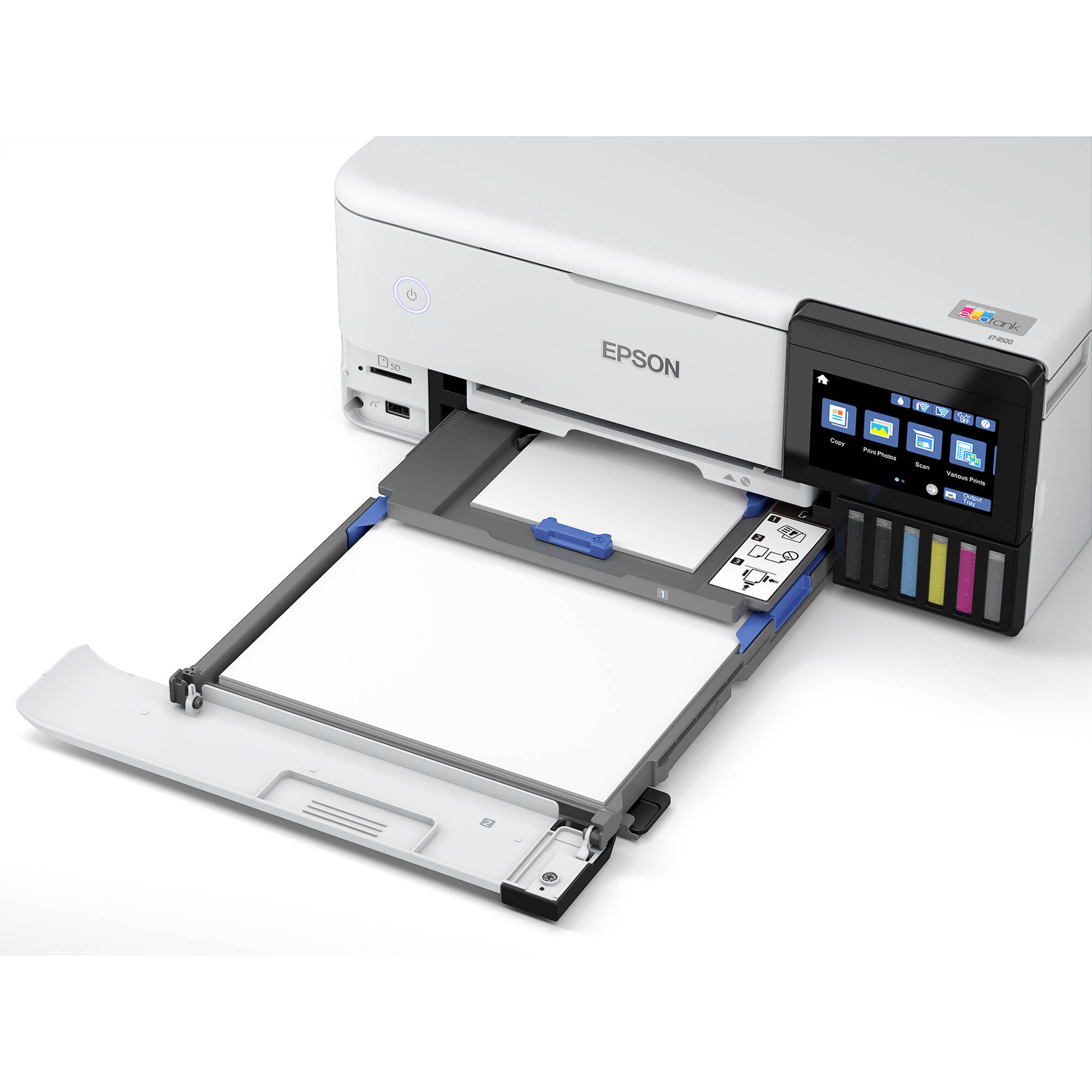 Epson EcoTank ET-8500 white all-in-one printer with wireless connectivity and refillable ink tanks — view 5