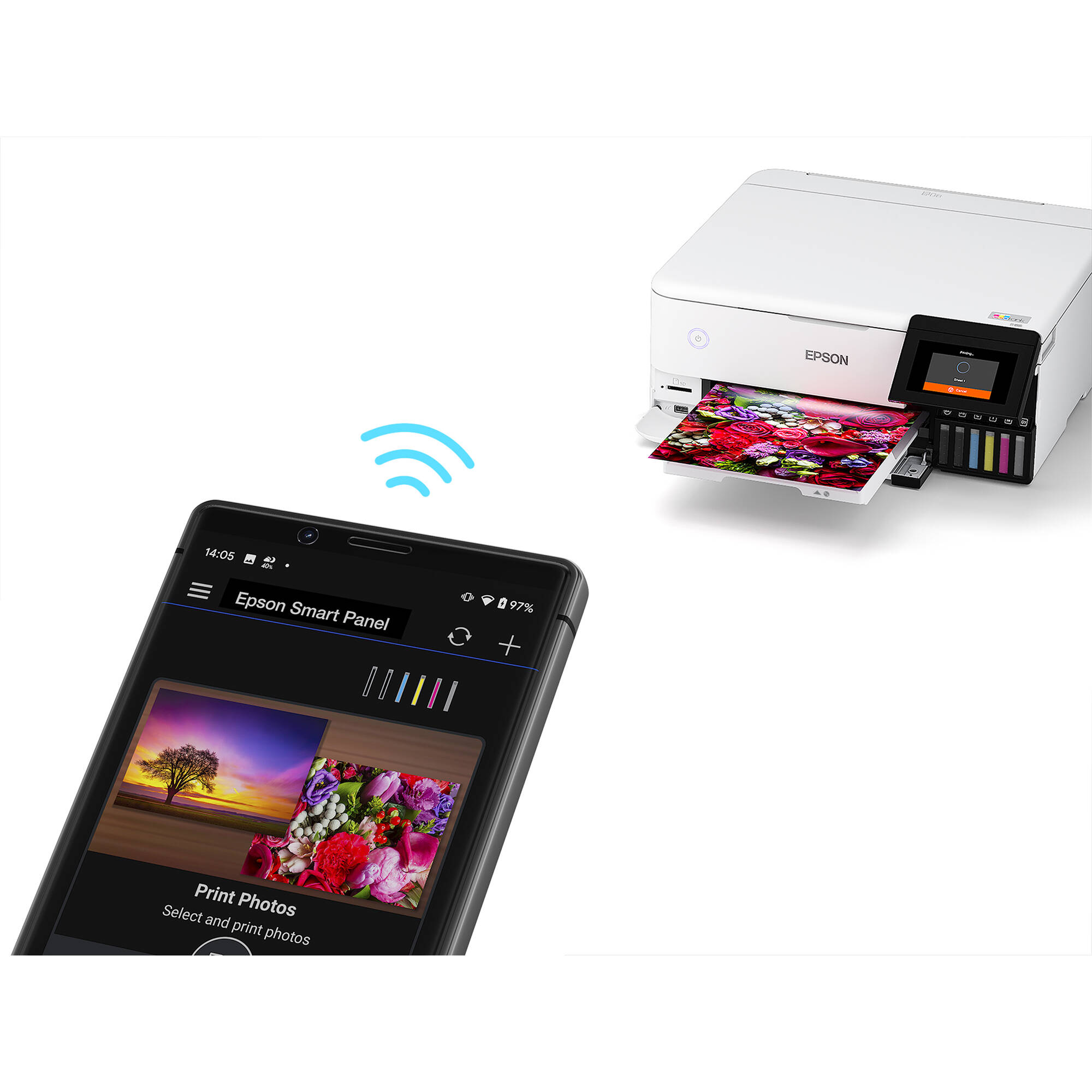 Epson EcoTank ET-8500 white all-in-one printer with wireless connectivity and refillable ink tanks — view 8
