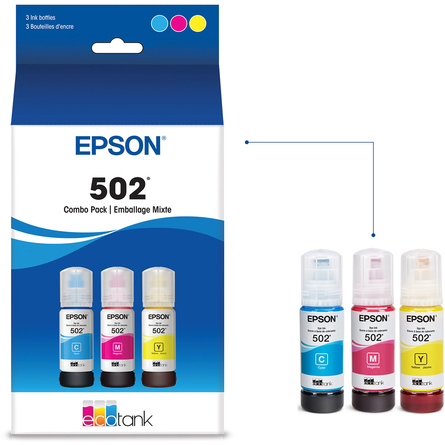 Epson T502520-S dye cyan magenta yellow ink bottle combo for EcoTank printers — view 2