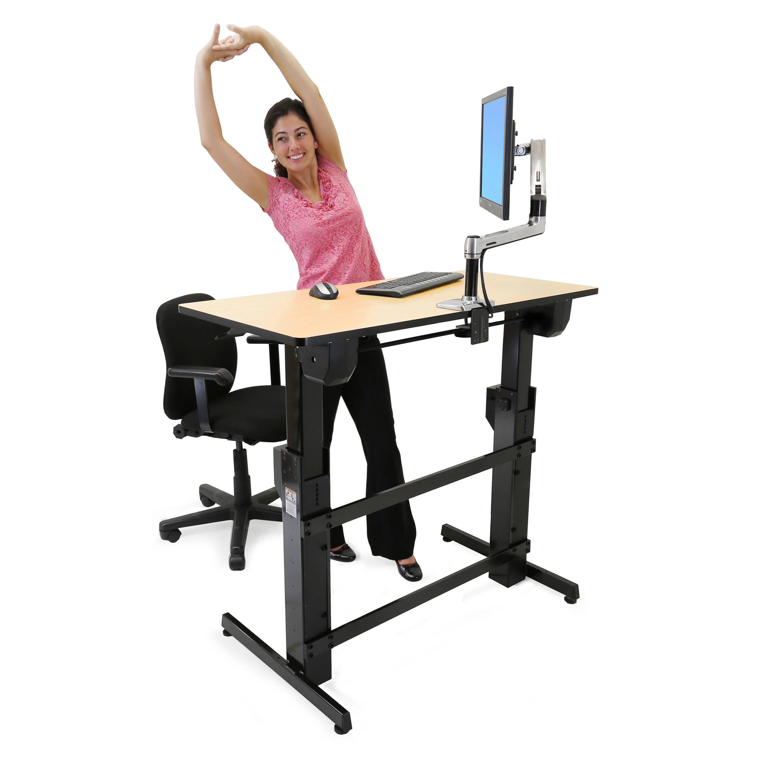 Ergotron WorkFit-D standing desk converter in birch wood grain finish for professional office workstations — view 10